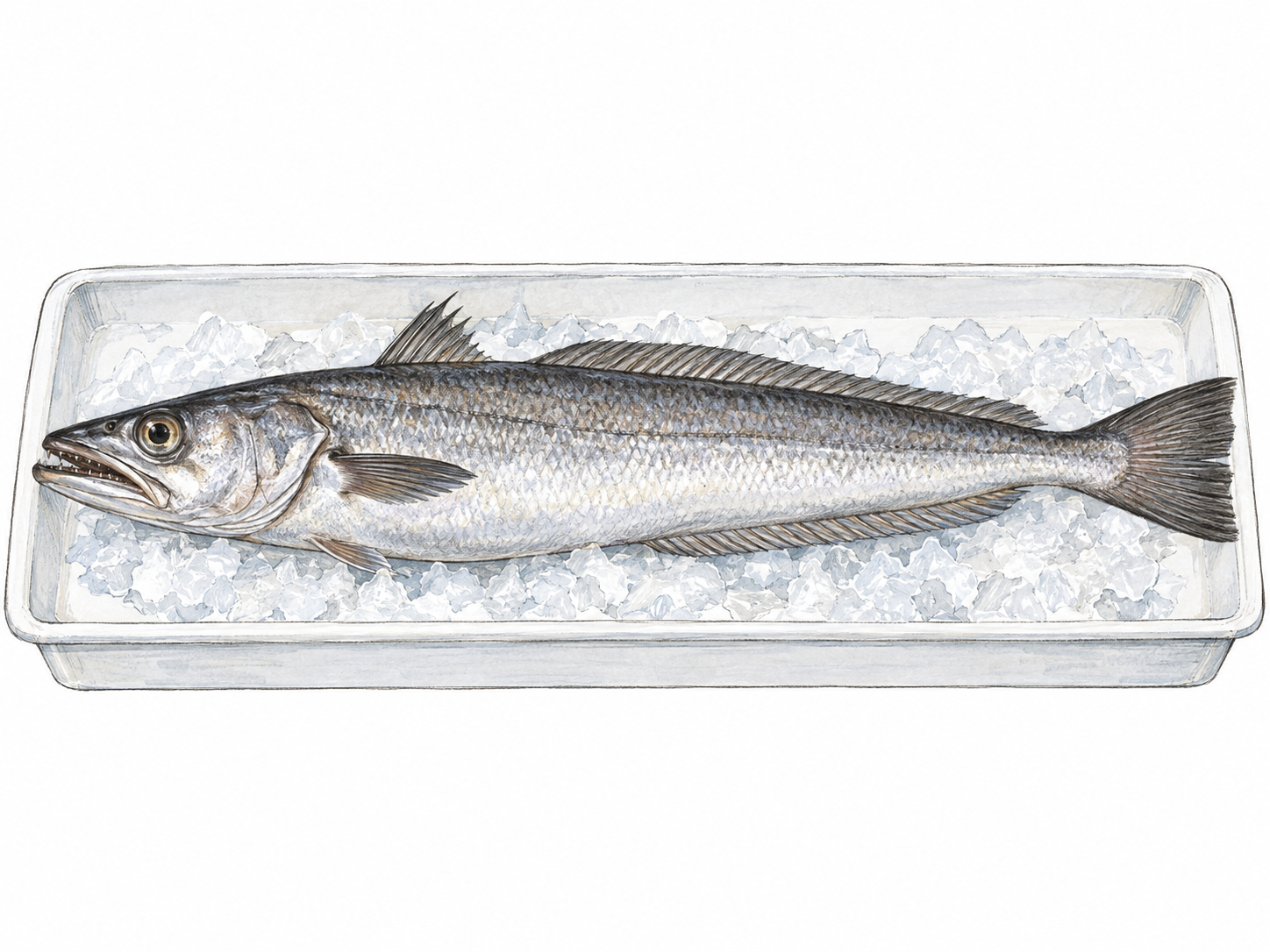 A single whole hake shown in clear side profile on a plain fishmonger's tray with a little crushed ice, emphasizing its recognizable anatomy and use as food.