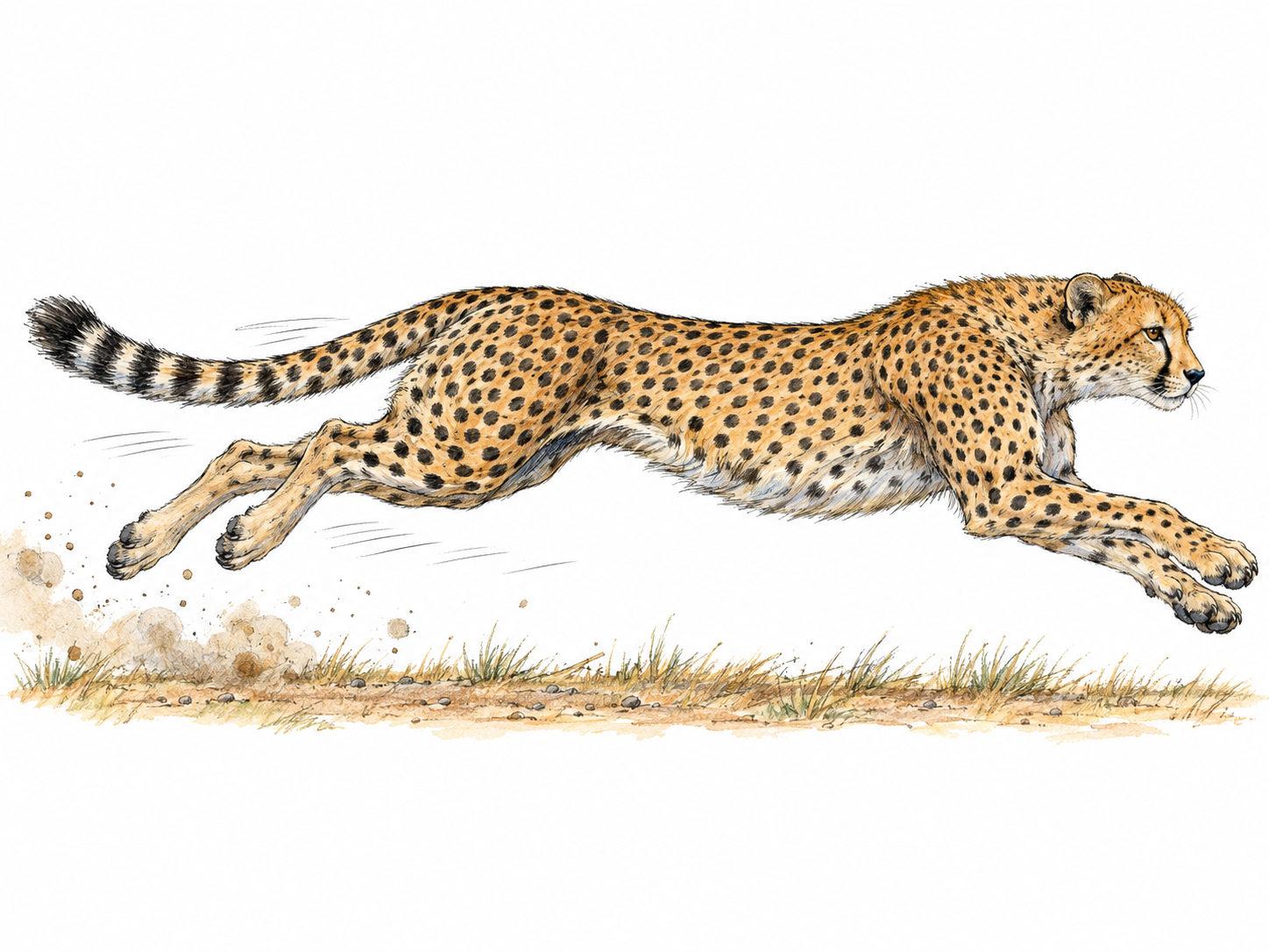A cheetah racing across a small patch of open ground, its body stretched into a full-speed gallop, with kicked-up dust and short trailing motion strokes making very quick movement immediately readable.