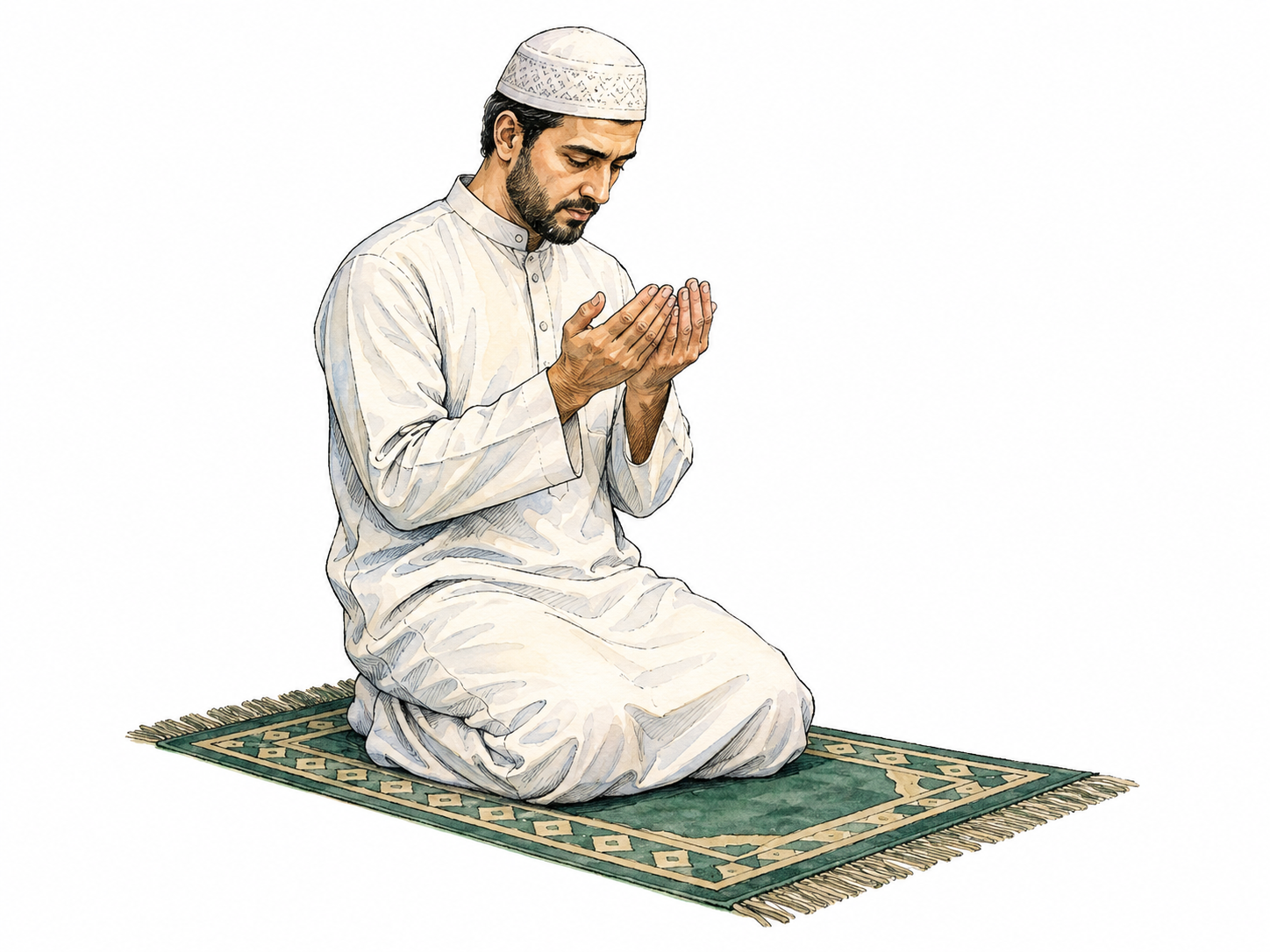 An adult Muslim worshipper kneels in sincere prayer on a simple geometric prayer rug, hands raised together open near chest and gaze lowered.