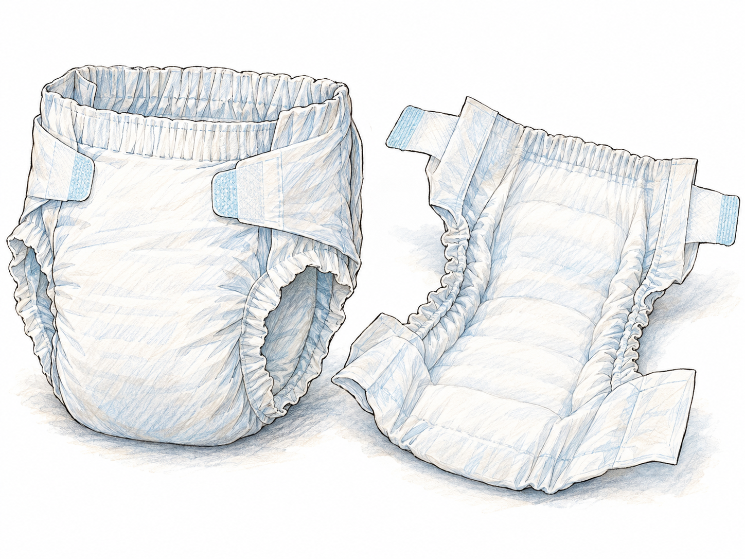 A clean disposable diaper shown open beside an identical fastened diaper, making its absorbent padded interior, fastening tabs, waistband and elastic leg openings immediately recognizable.