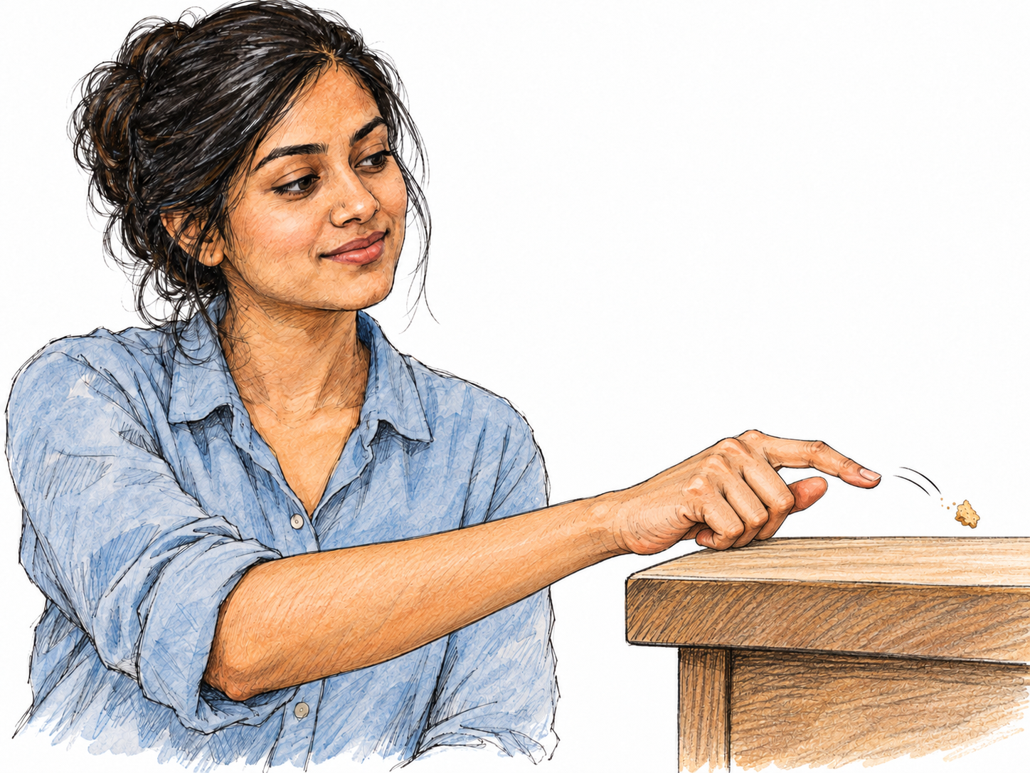A young adult South Asian woman flicks a small breadcrumb off a plain tabletop with one quick, light snap of her index finger.