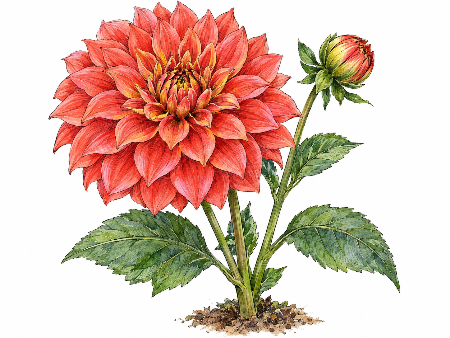 A close view of a garden dahlia with a bright coral bloom, clearly showing its many layered petals, attached to a leafy stem beside a smaller opening bud.
