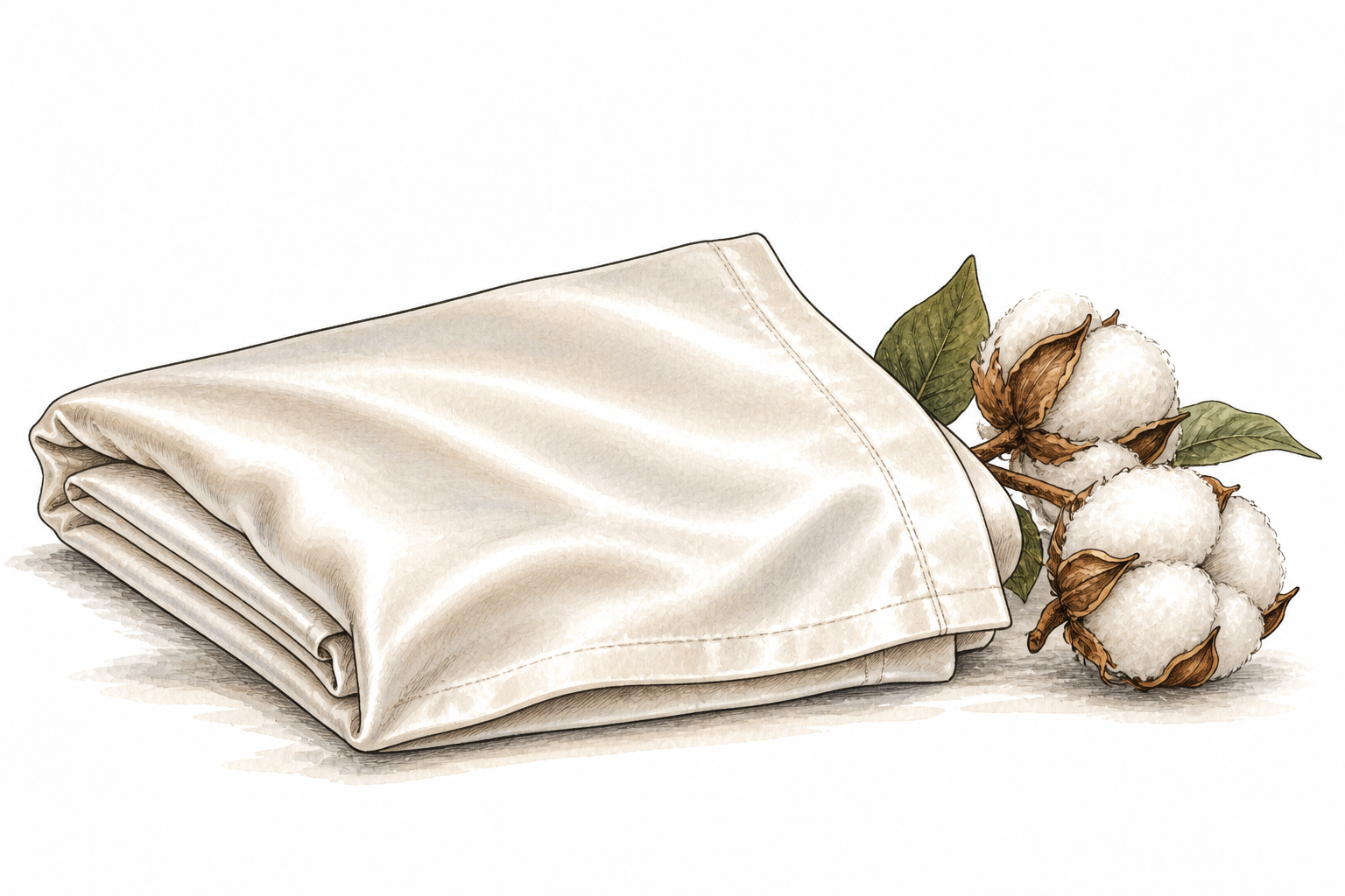 Soft smooth cotton sateen pillowcase folded beside cotton bolls, subtle satin-like sheen and visible fine weave.