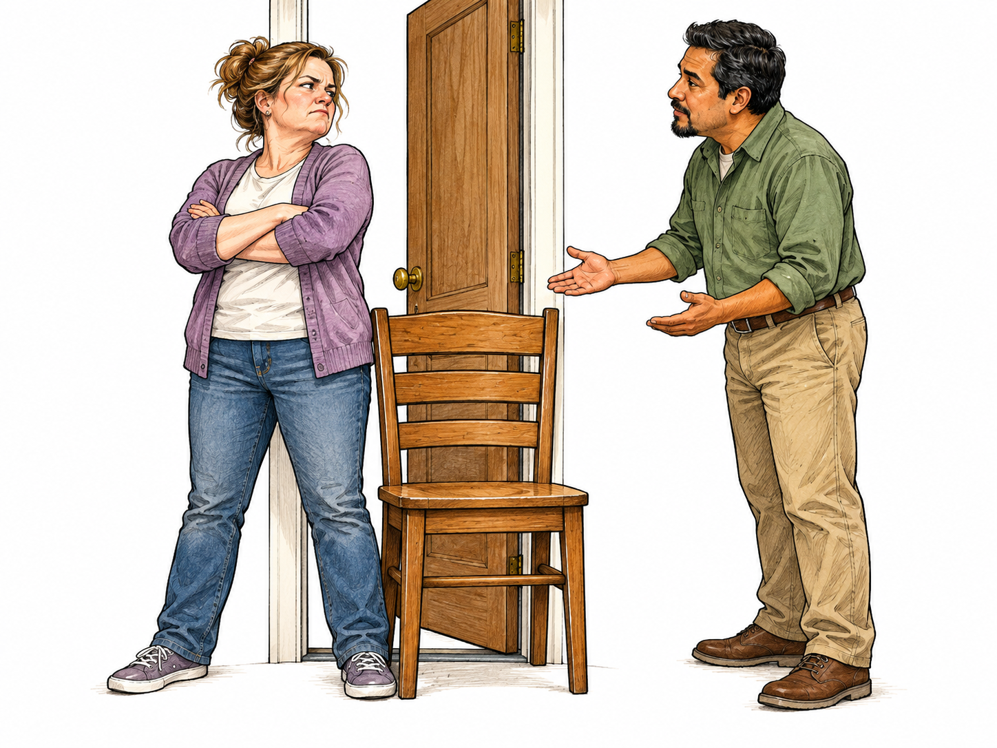 A grumpy adult folds arms and refuses to move a chair blocking a doorway while another adult calmly requests passage.