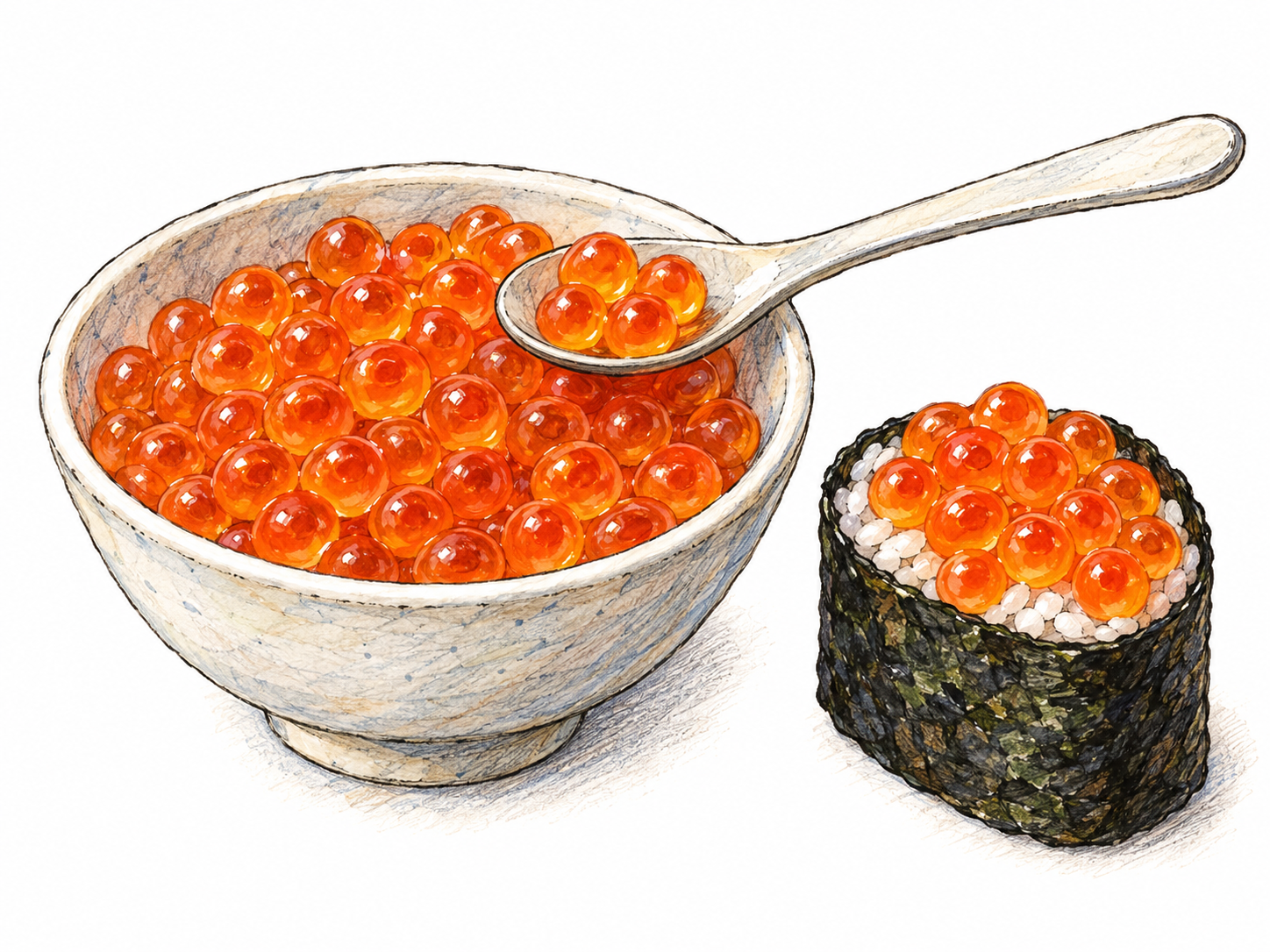 A small ceramic bowl piled with translucent orange salmon roe, with a spoonful lifted just above the bowl and a roe-topped sushi piece alongside to establish its use as food.