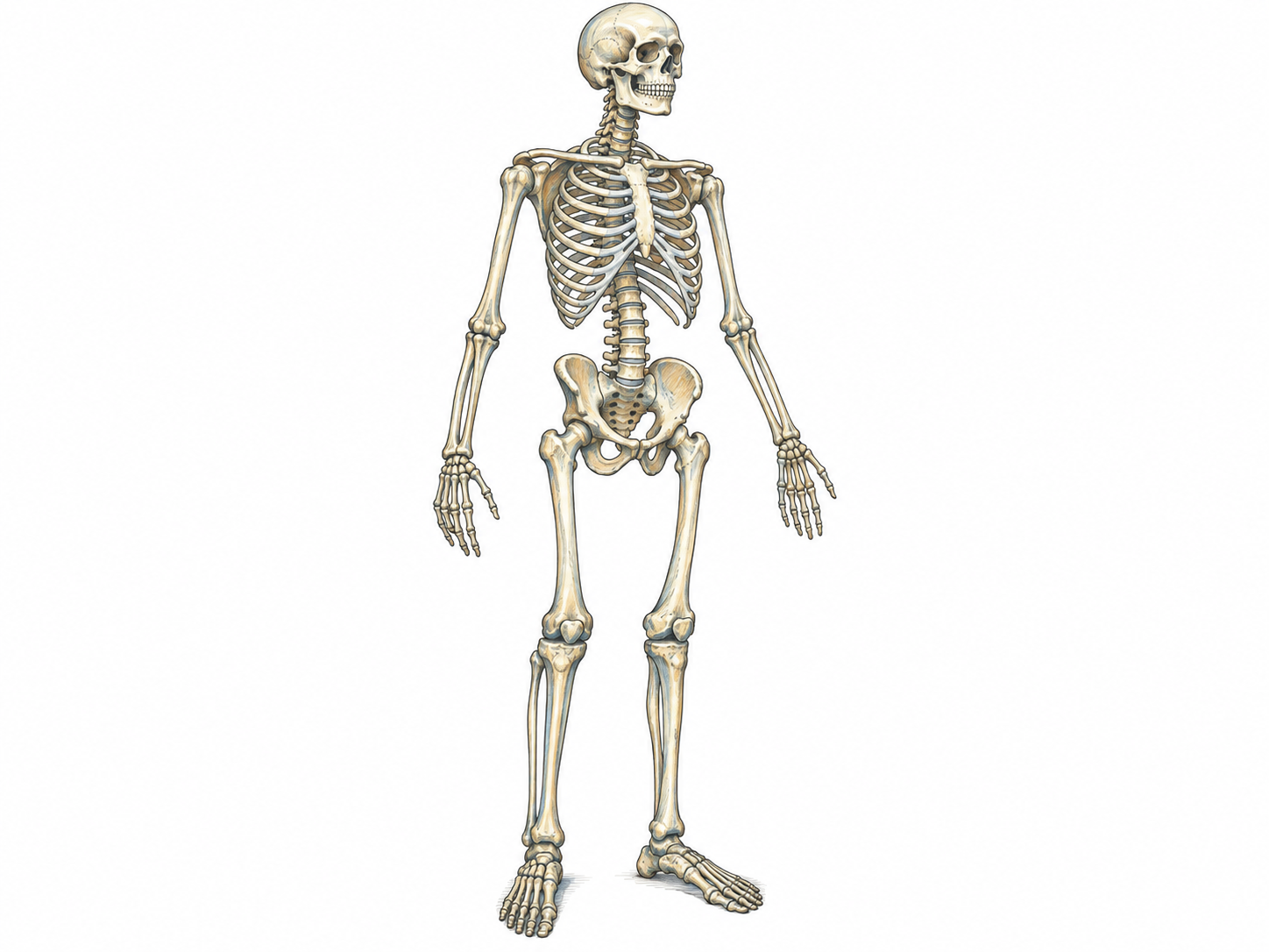 A complete, anatomically accurate human skeleton standing upright, clearly showing the connected framework of bones from skull to feet.