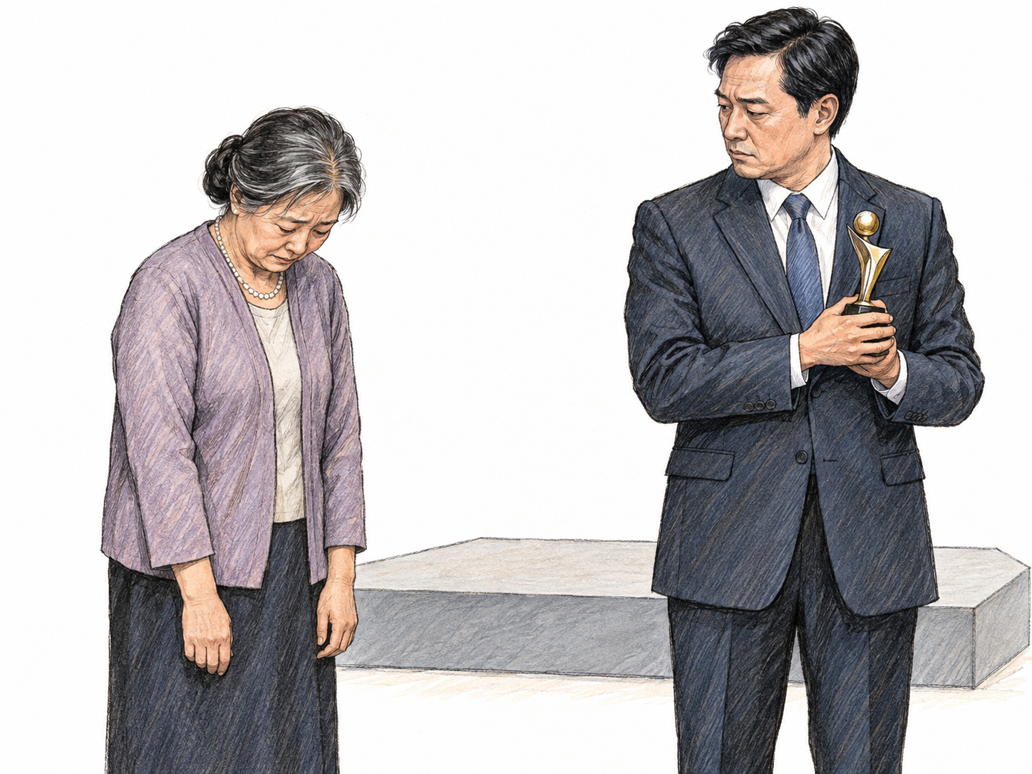 At a small public awards presentation, an older woman stands with her head lowered as the presenter withdraws an award rather than handing it to her.