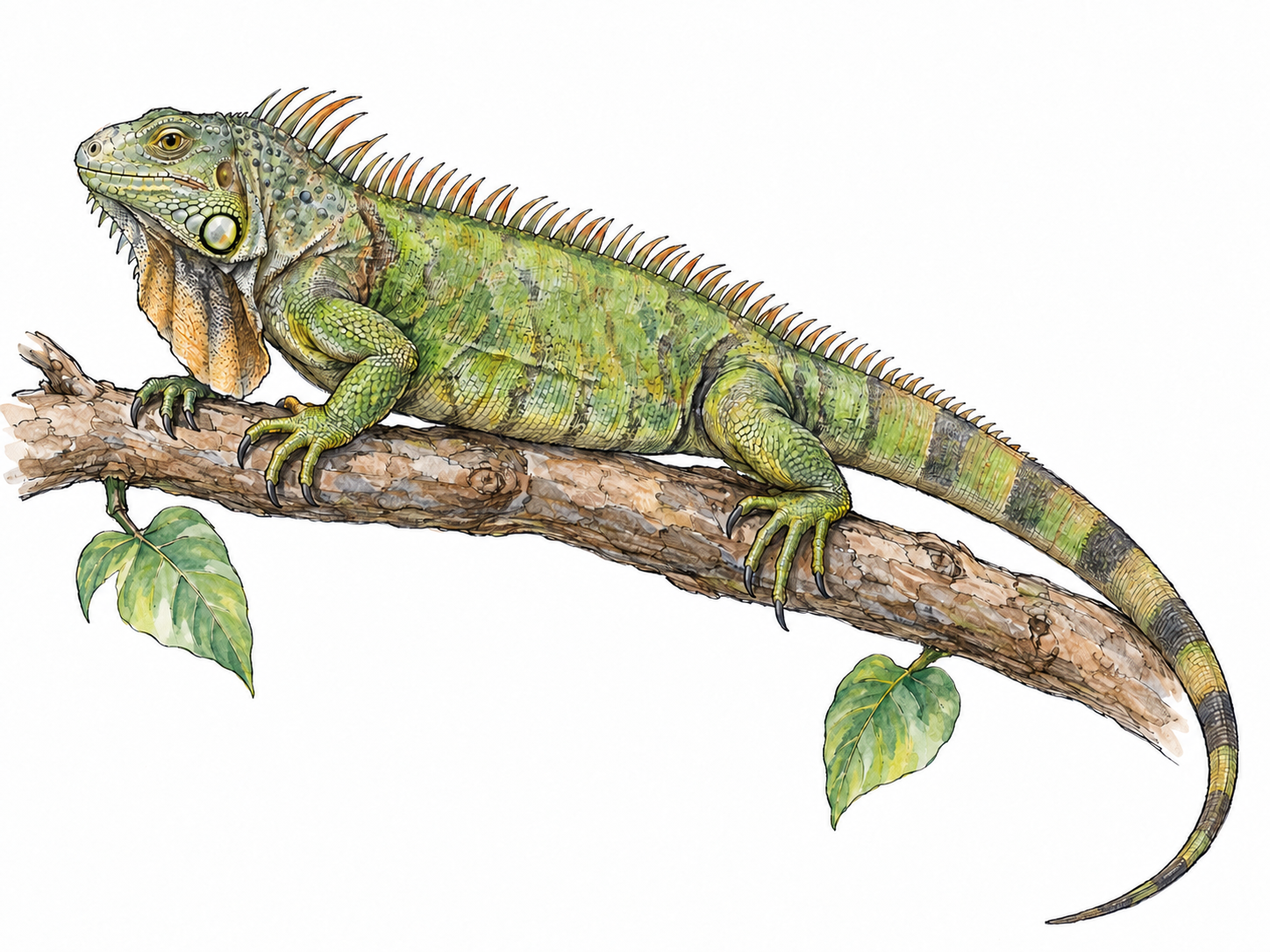 One large green iguana resting sideways on a simple tropical branch, with its spiny crest, dewlap, sturdy legs and long tapering tail clearly visible.
