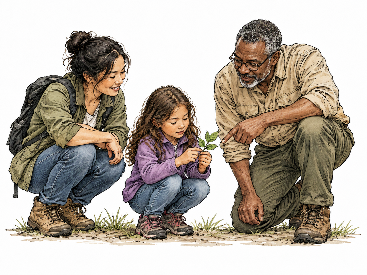 Three realistically proportioned fully clothed humans of different ages and ethnicities.