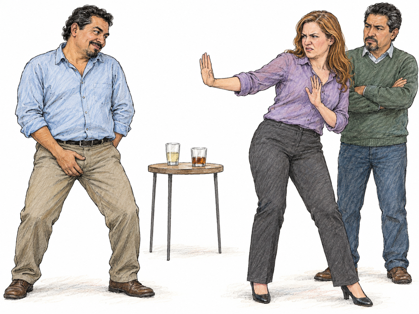 Lewd: an adult makes a crude, explicitly suggestive gesture over his fully clothed groin at a social gathering, prompting visible disgust and rejection.