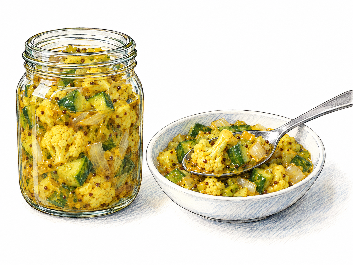 A small open jar and shallow serving dish of chunky mustard-yellow piccalilli, with a spoonful revealing chopped cauliflower, cucumber and onion coated in spiced pickling sauce.