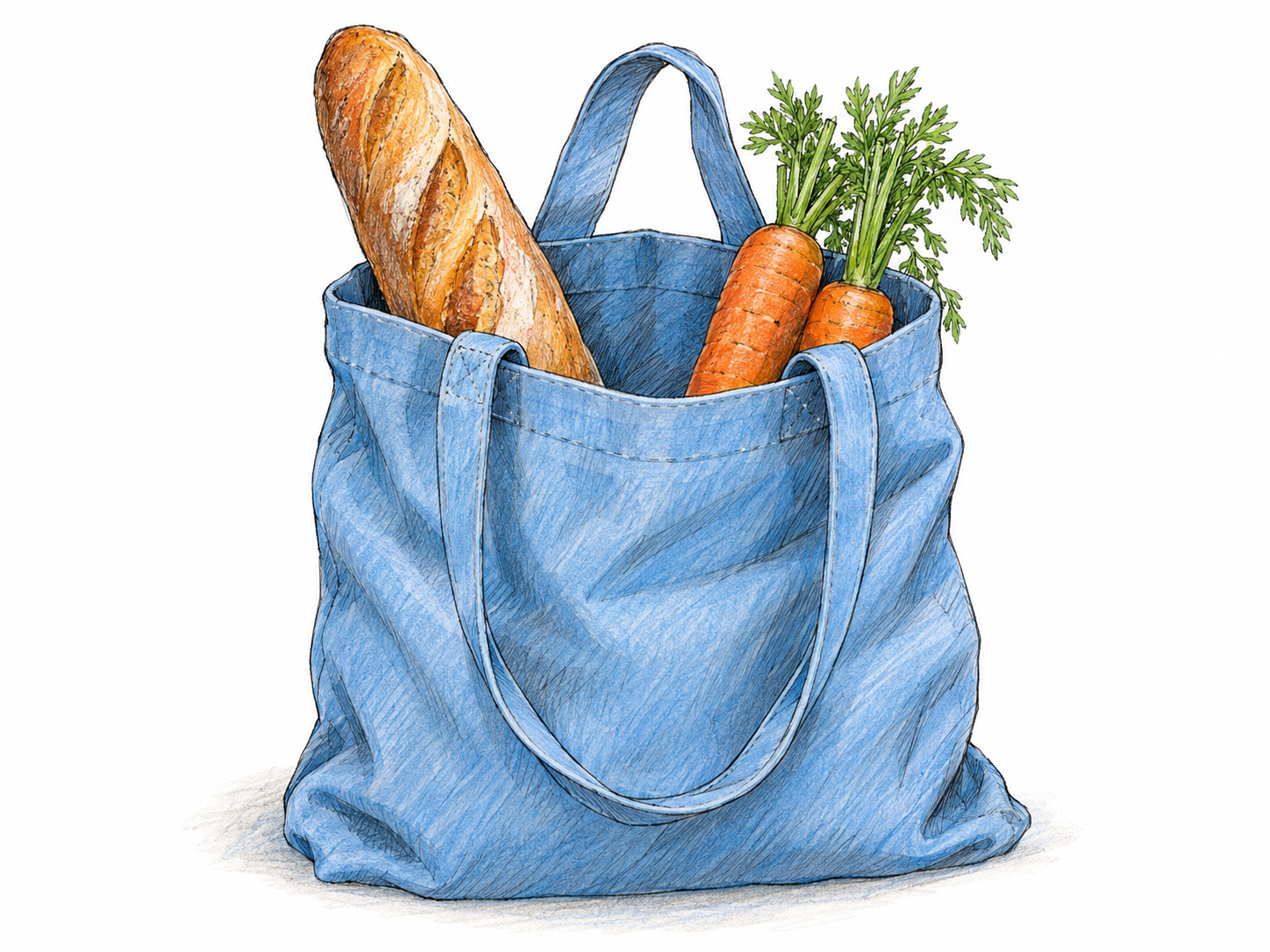 A soft cloth tote bag with two handles and an open mouth, holding a few groceries.