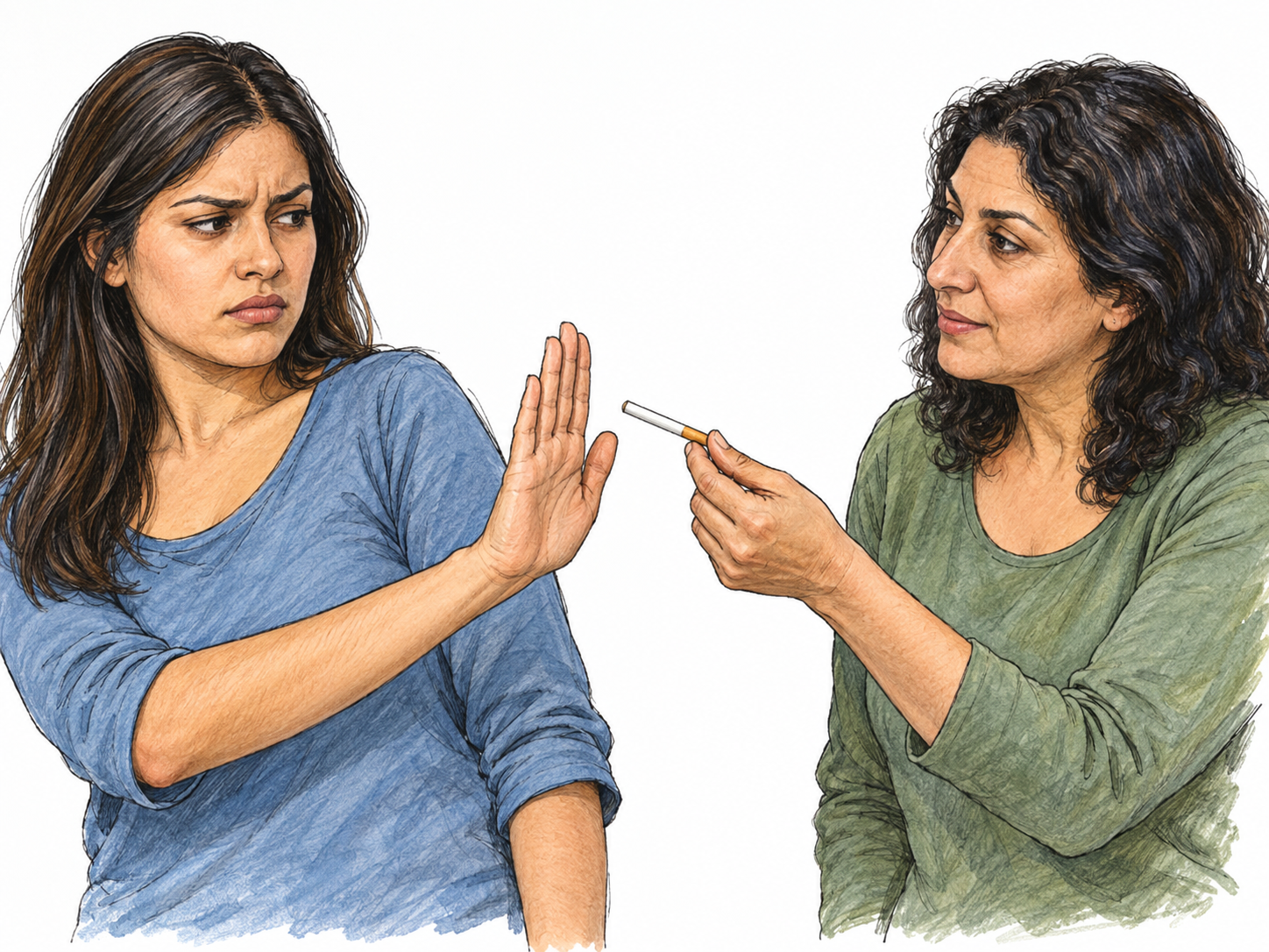 A woman visibly refuses a cigarette being offered to her, raising a firm stop palm and leaning away while the other woman extends the cigarette toward her.