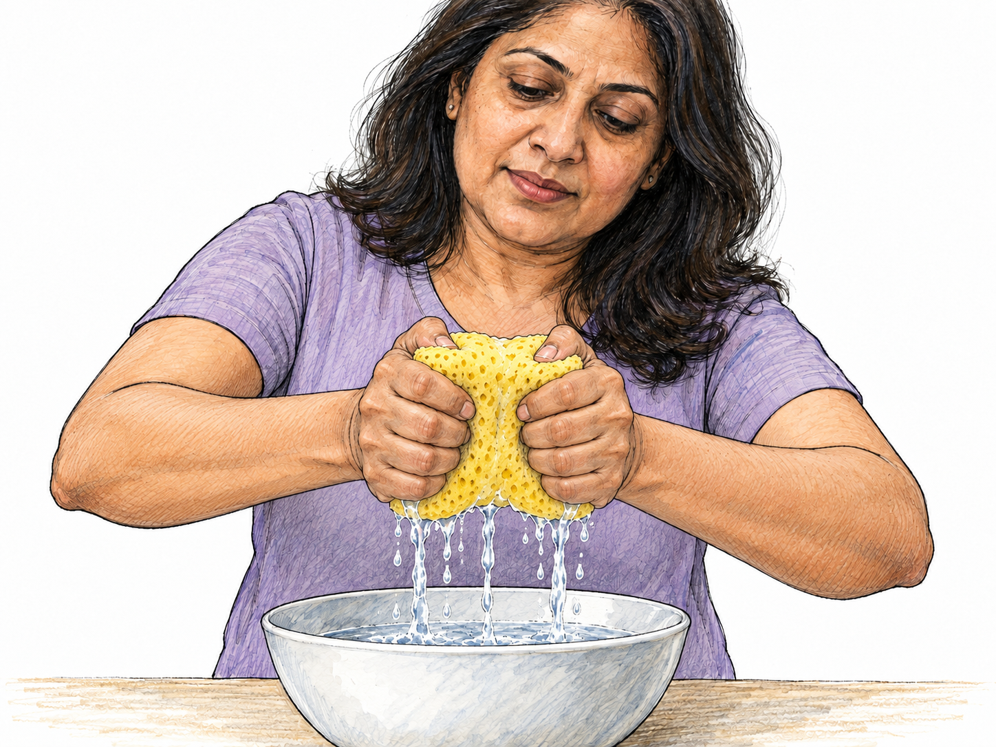 A woman presses a thick wet sponge firmly between both palms over a bowl; its compressed middle, bulging edges, and escaping water make pressure from opposite sides visible.