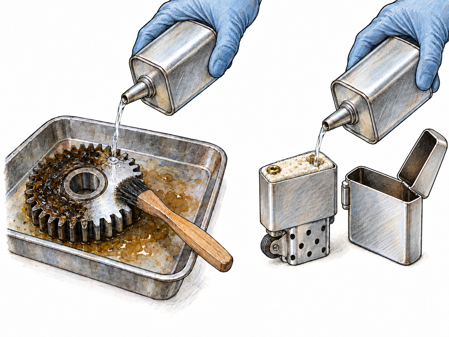 Benzine as a light petroleum solvent with cleaning and fuel uses: a compact paired illustration connects the same plain dispensing can to degreasing a metal part and refilling an unlit wick lighter.