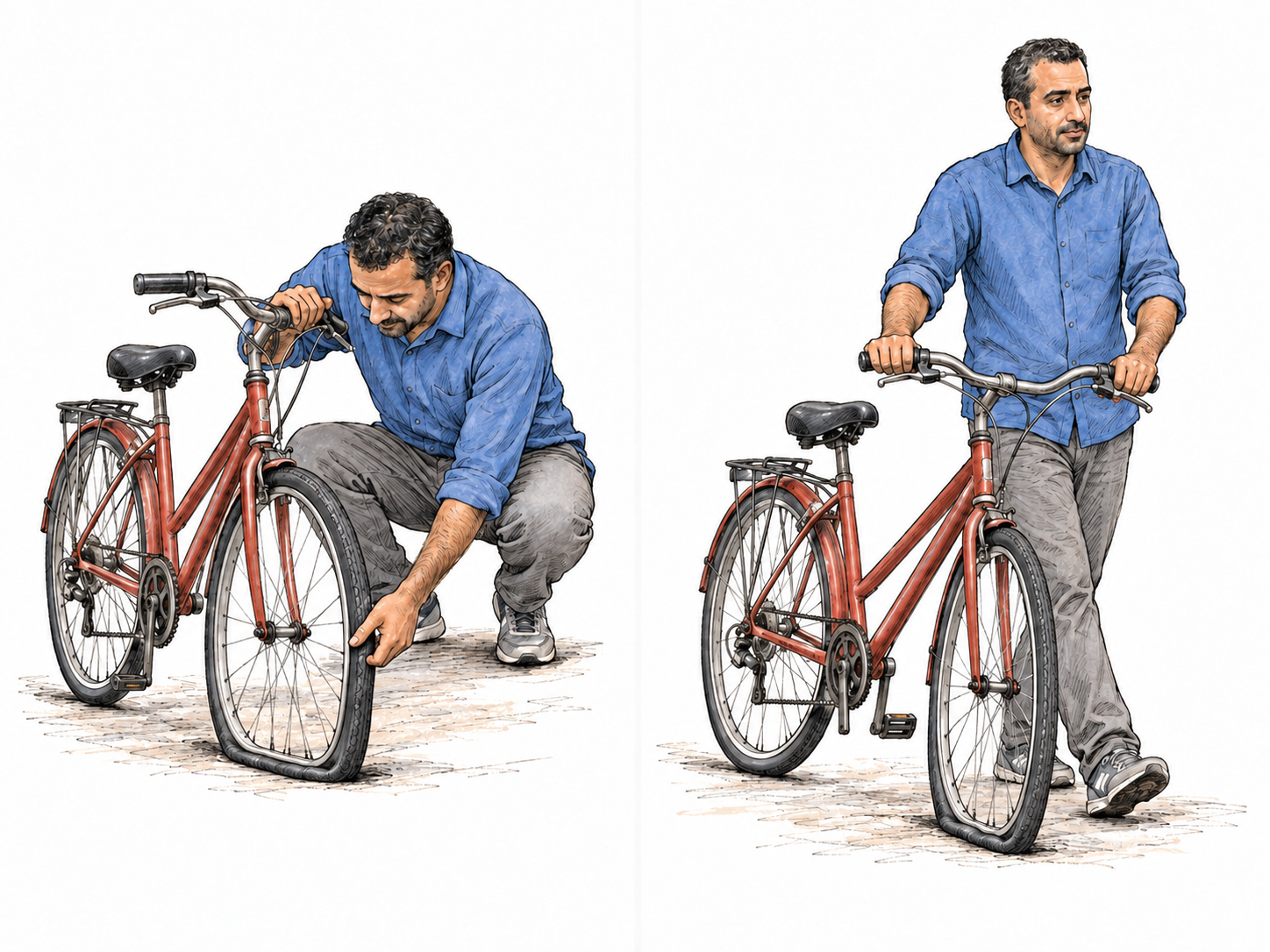 A compact two-panel sequence shows a cyclist discovering a flat tire and consequently walking his bicycle: a concrete instance of 'for this reason.' This illustrates the causal branch of the frozen definition without replacing it with the historical sense of departure.