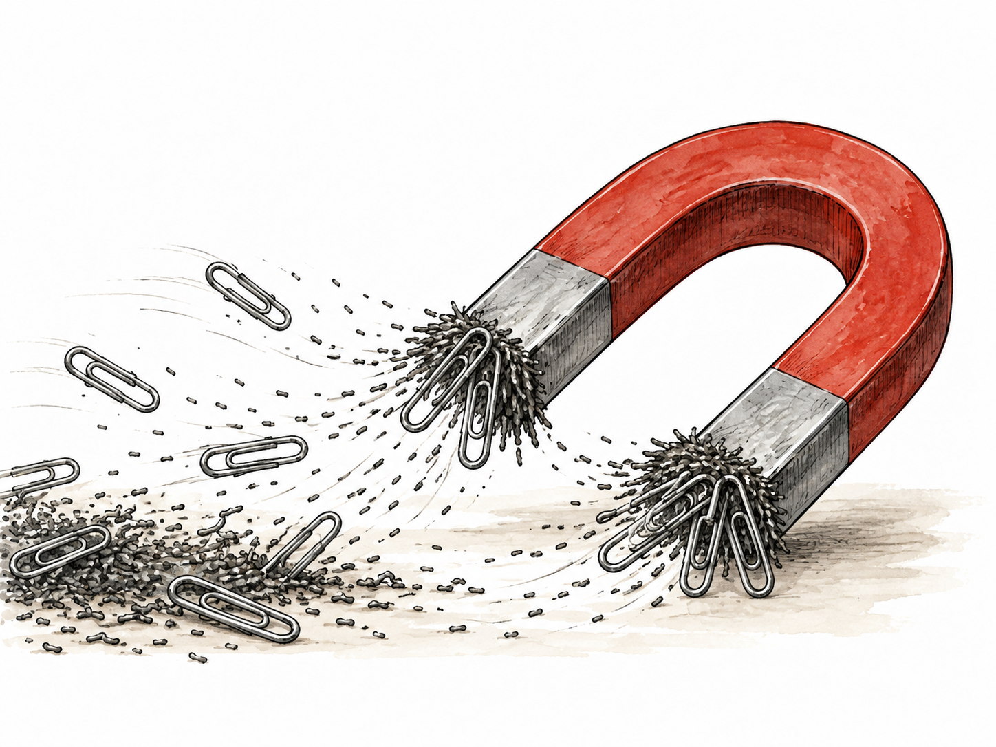 A magnet draws iron filings and paper clips toward its poles.
