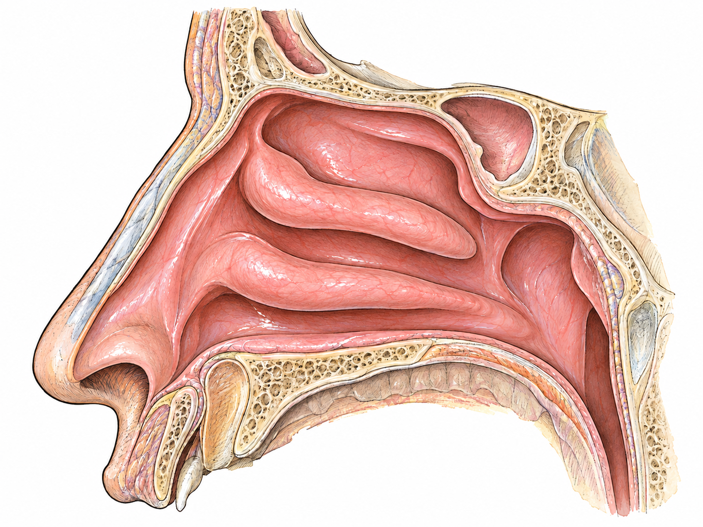 A close anatomical cutaway of a nasal cavity emphasizes its continuous pink mucous membrane and thin, clear protective moisture film, rather than loose mucus or illness.