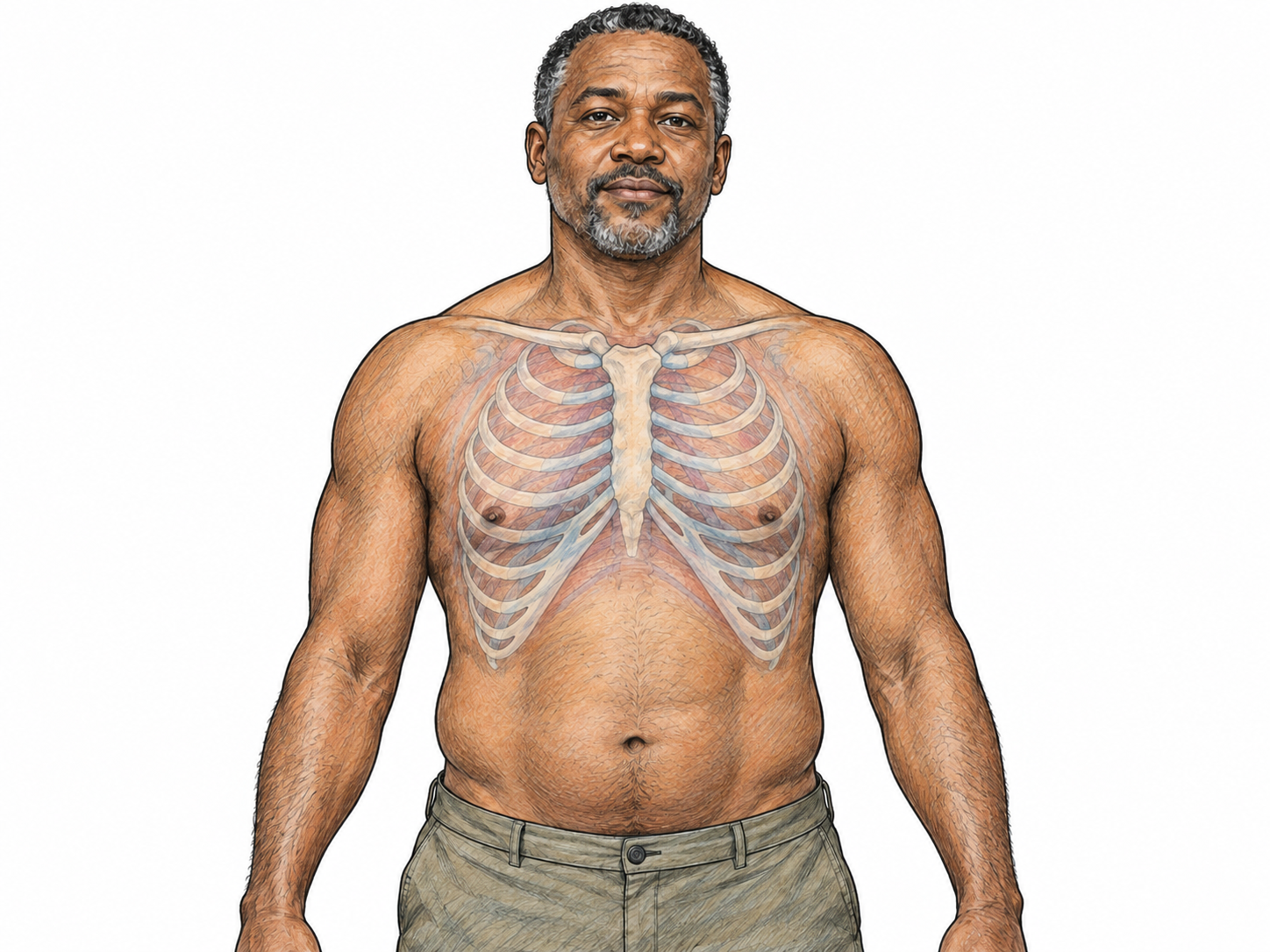 A simple waist-up anatomical portrait of a man, with a subtle translucent overlay of the ribs and sternum identifying the chest region between the neck and abdomen.