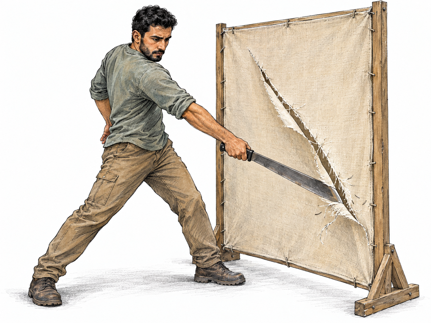 A man forcefully slashes through a taut, upright sheet of coarse canvas with a machete, leaving one long diagonal gash.
