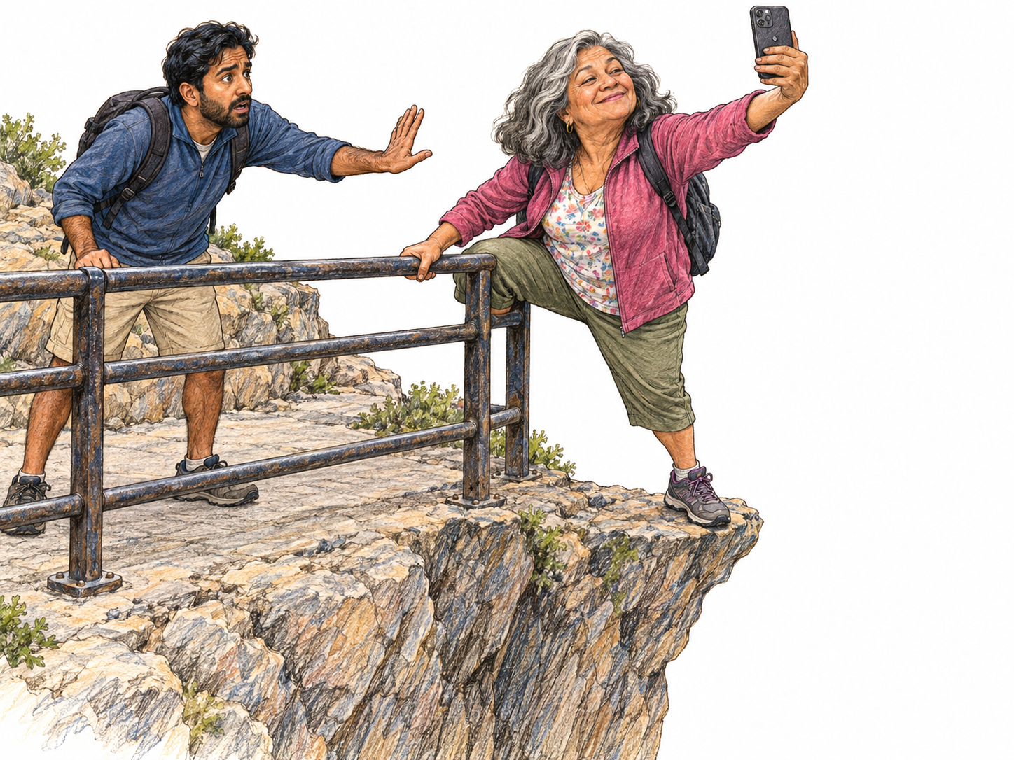 An older woman boldly climbs over a lookout’s safety railing to take a selfie above a sheer drop, brushing off a younger companion’s urgent attempt to stop her.