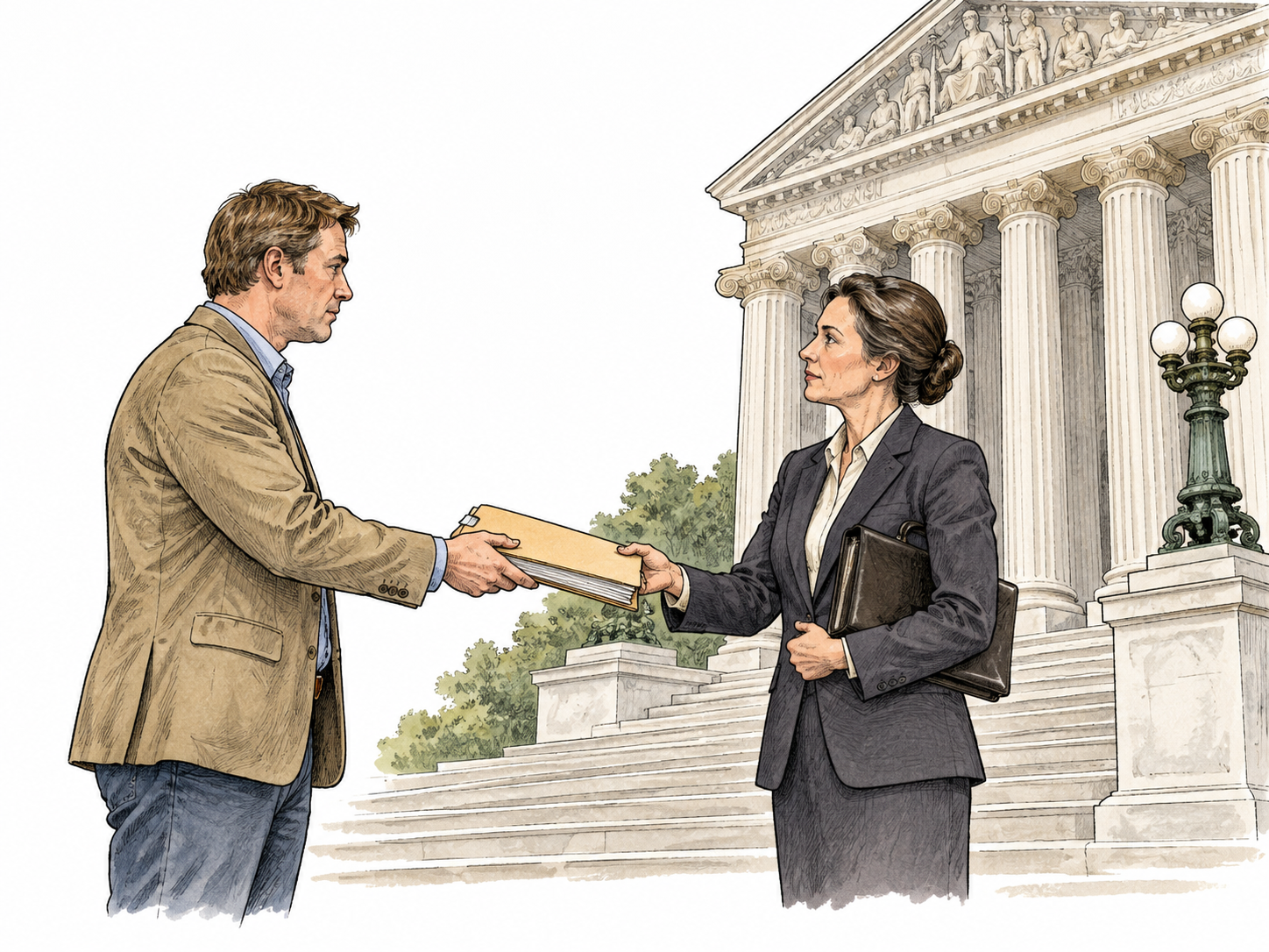 A white adult appellant hands a case folder to a lawyer outside a higher courthouse.