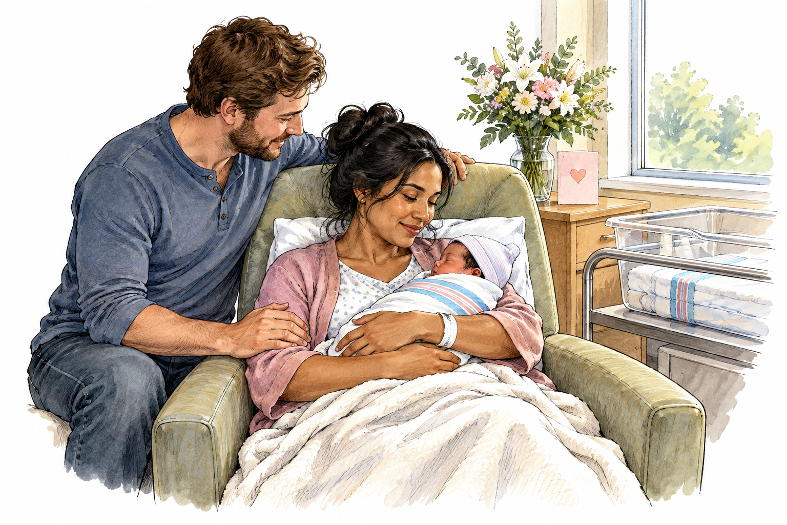 A new mother rests in a comfortable chair with her newborn in a quiet maternity room, fully clothed and non-graphic.