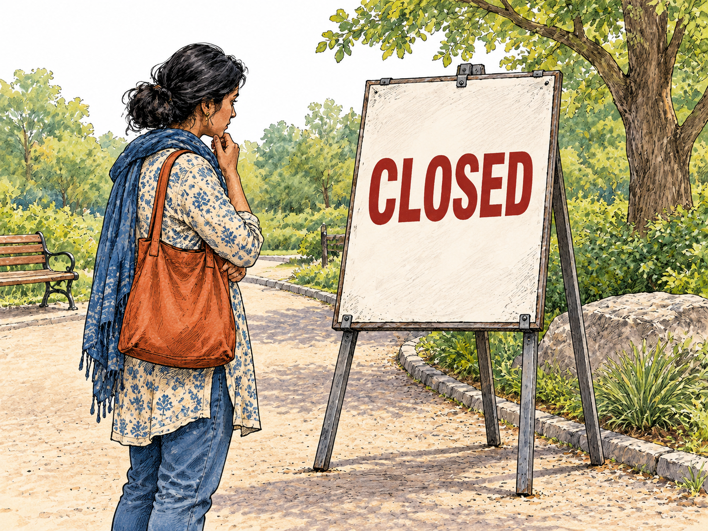 A large public placard on a portable easel beside a park path displays only the brief functional word CLOSED.