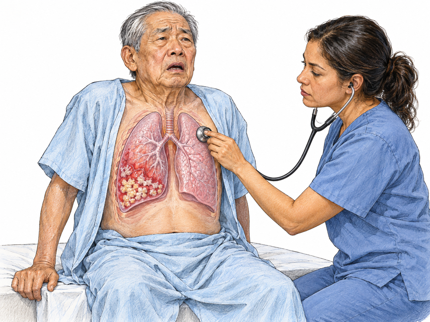 An older man sits upright struggling to breathe, with a restrained anatomical cutaway over his chest showing patchy inflamed, fluid-filled lung tissue.