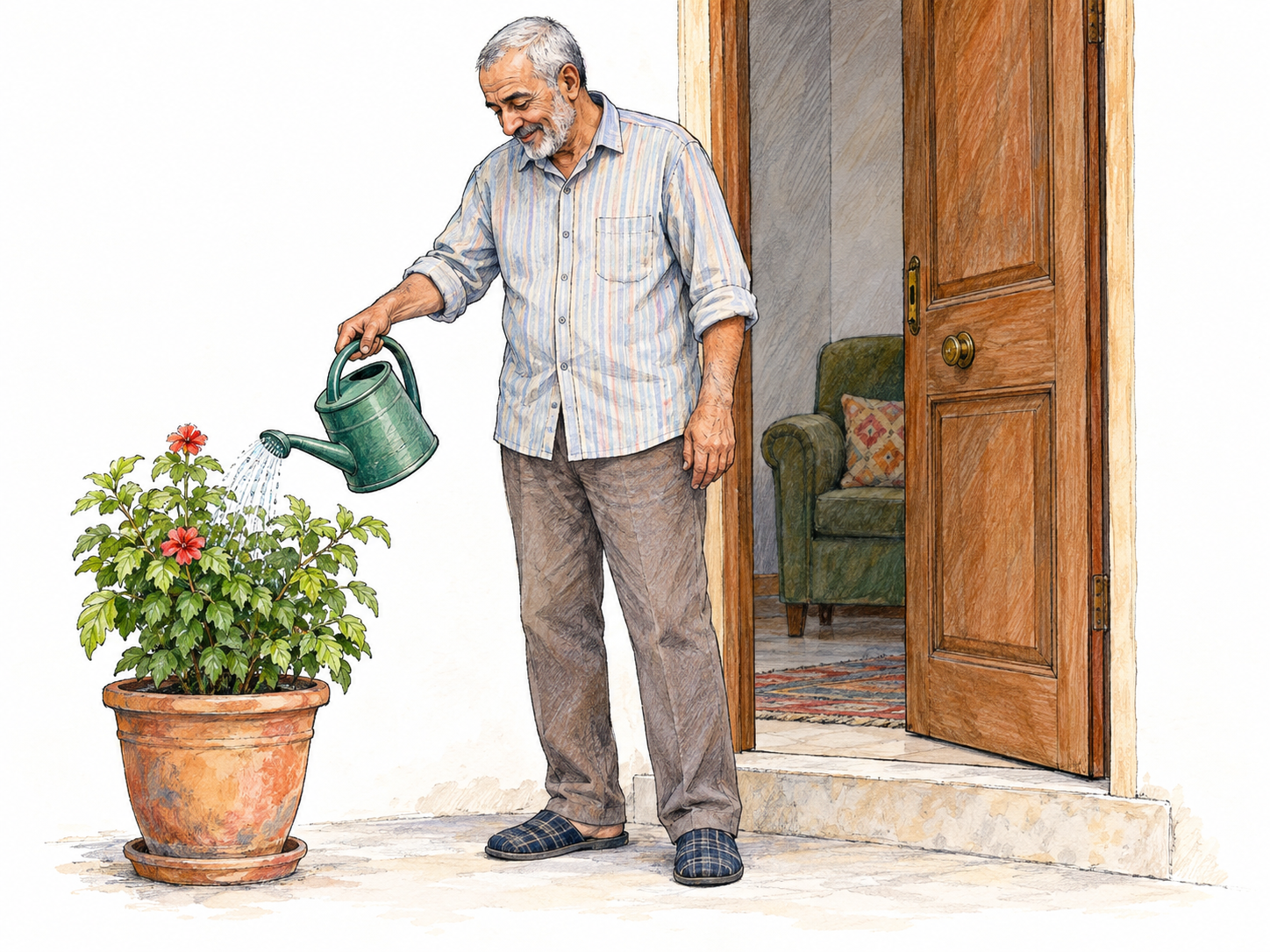 An older man comfortably tends a potted plant at the open doorway of his modest home, conveying that this is where he lives.
