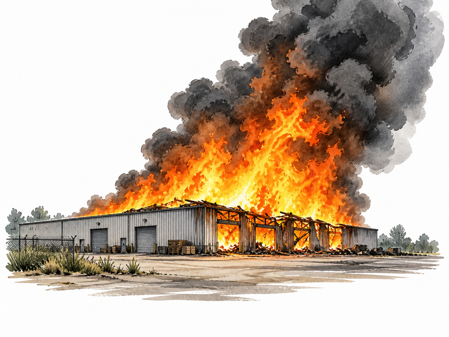 An intense distant warehouse fire with towering orange flames and dark smoke, no people or victims.