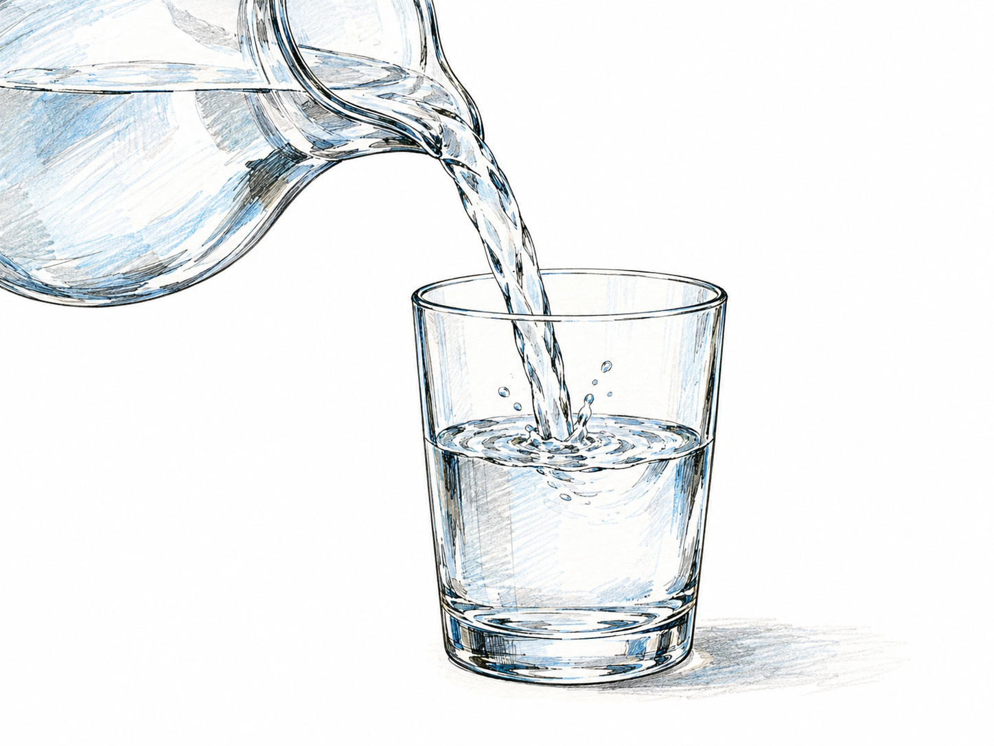 A clear glass pitcher pours water into a plain drinking glass, with a transparent stream, rippling surface and a few clear droplets making the liquid the focus.
