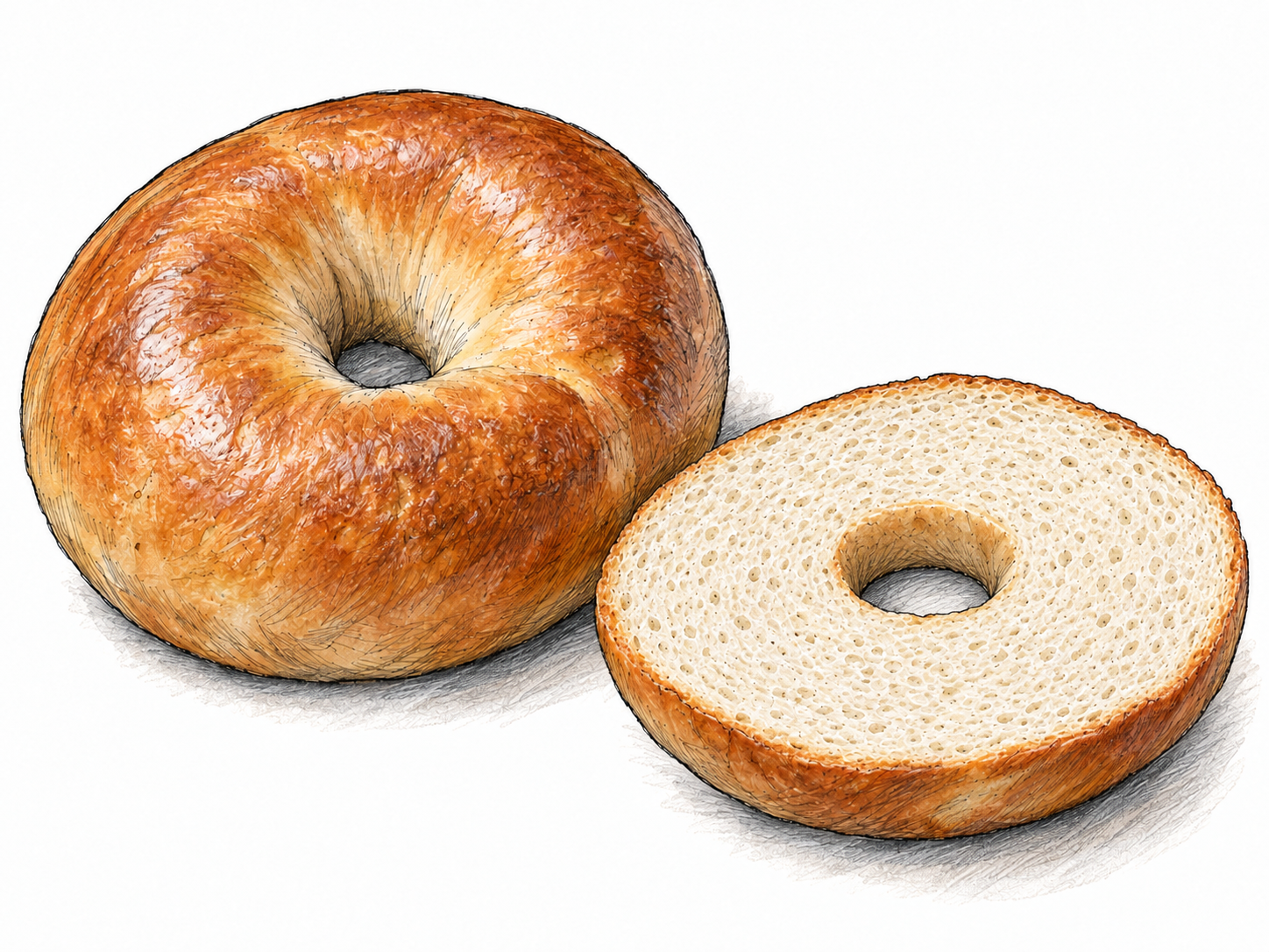 A plain golden-brown bagel with a clear central hole, accompanied by one cut half showing its dense, tight crumb and thin browned crust.