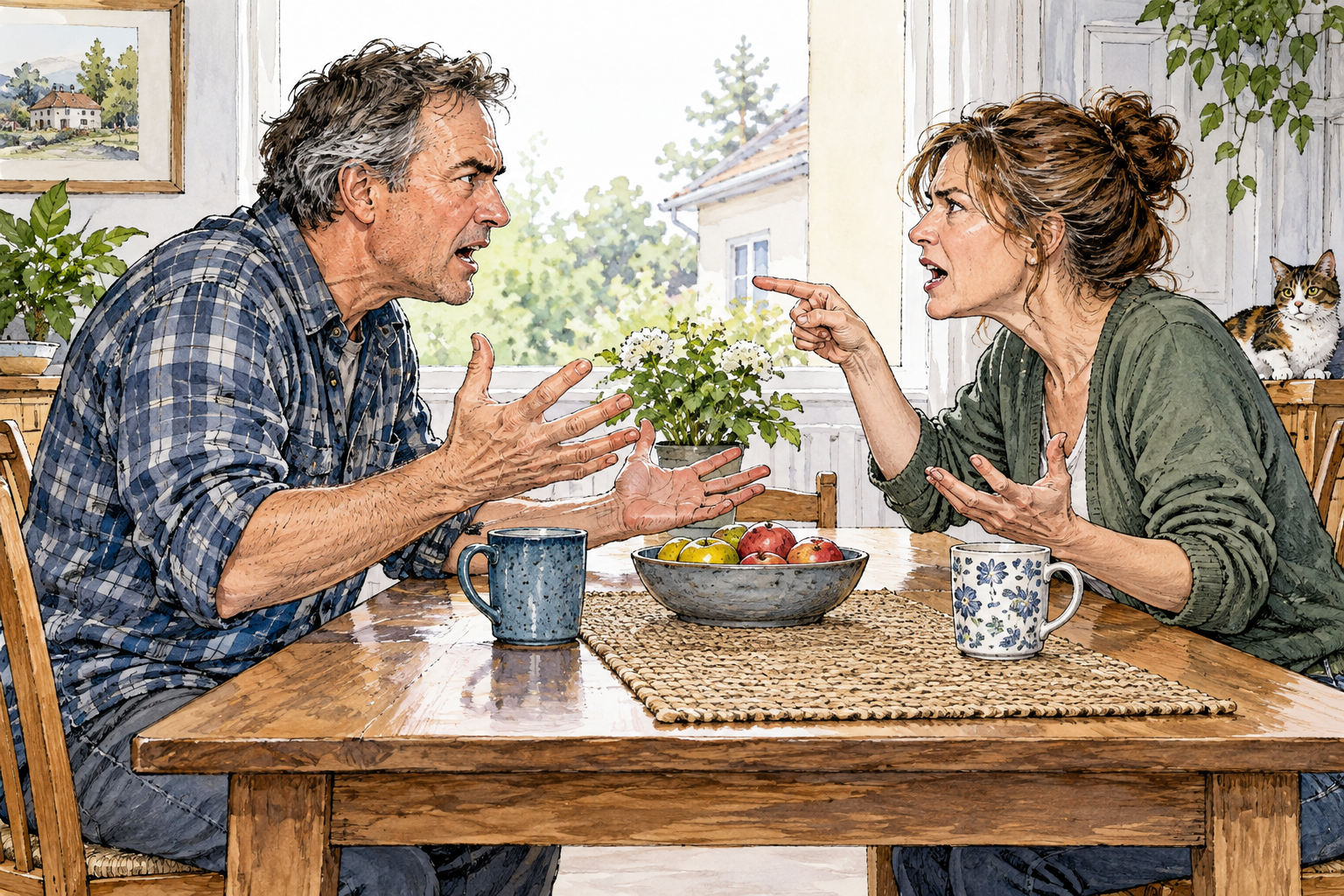 Two neighbors argue noisily across table with emphatic gestures, mouths open, no speech bubbles.