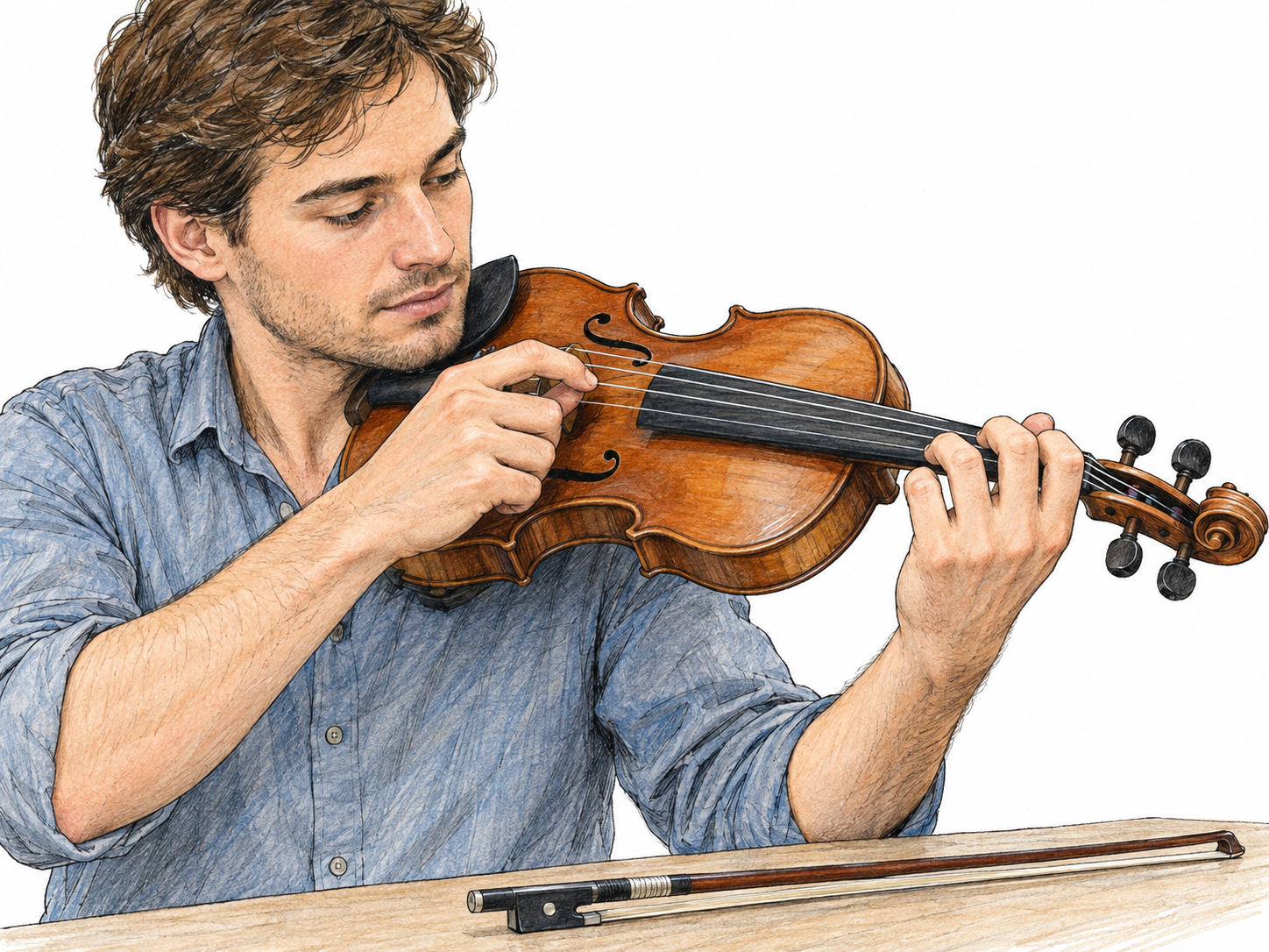 A violinist visibly hooks and displaces a violin string with his right index fingertip while his left hand fingers the neck; the unused bow rests separately beside him.