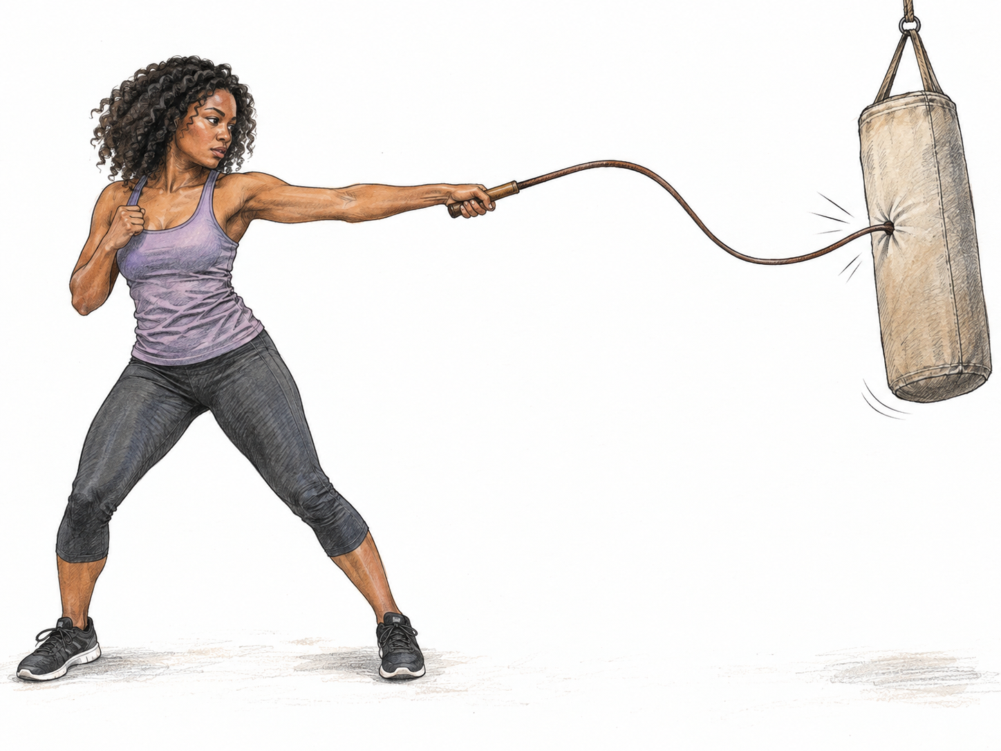 A woman strikes a suspended padded practice target with a flexible leather lash, shown at the instant of contact.
