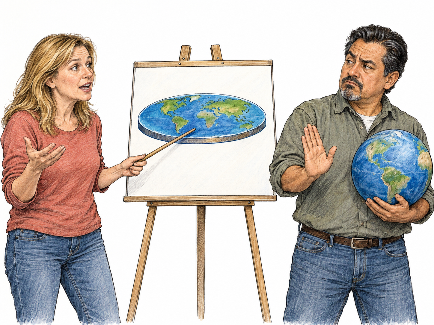 A speaker earnestly expounds a flat-Earth idea while a listener, holding a globe, dismisses the explanation as nonsense.
