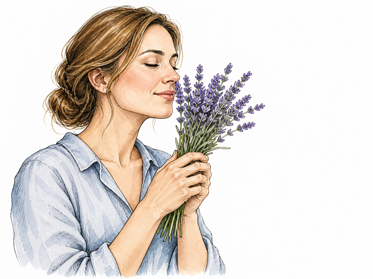 A white woman gently smells fresh lavender stems.