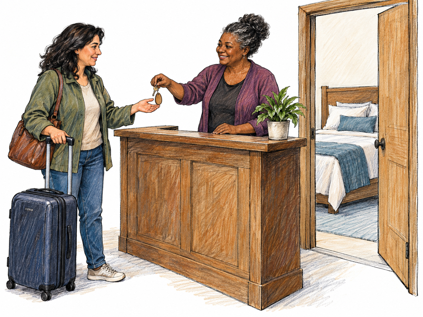 A traveler with a suitcase checks into a small inn: the innkeeper hands her a room key across a compact reception desk, with an open guest-room doorway revealing a neatly made bed.