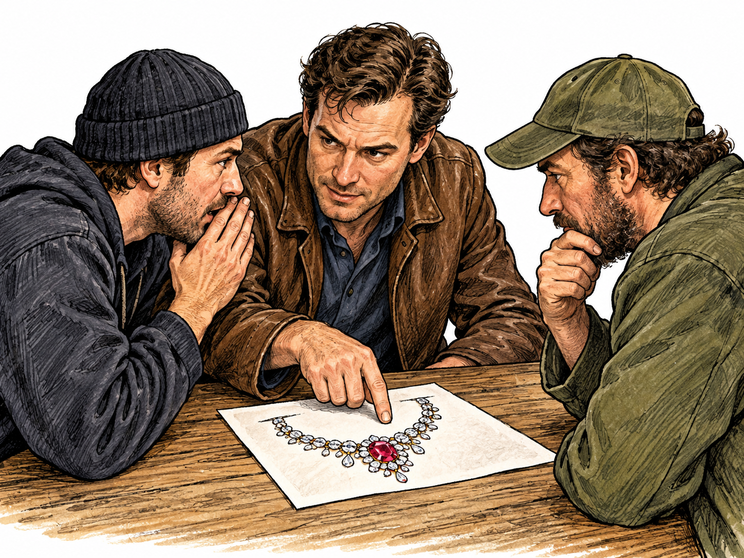 One adult white man leans in to join two accomplices secretly discussing a stolen jewel shown in a picture-only plan.