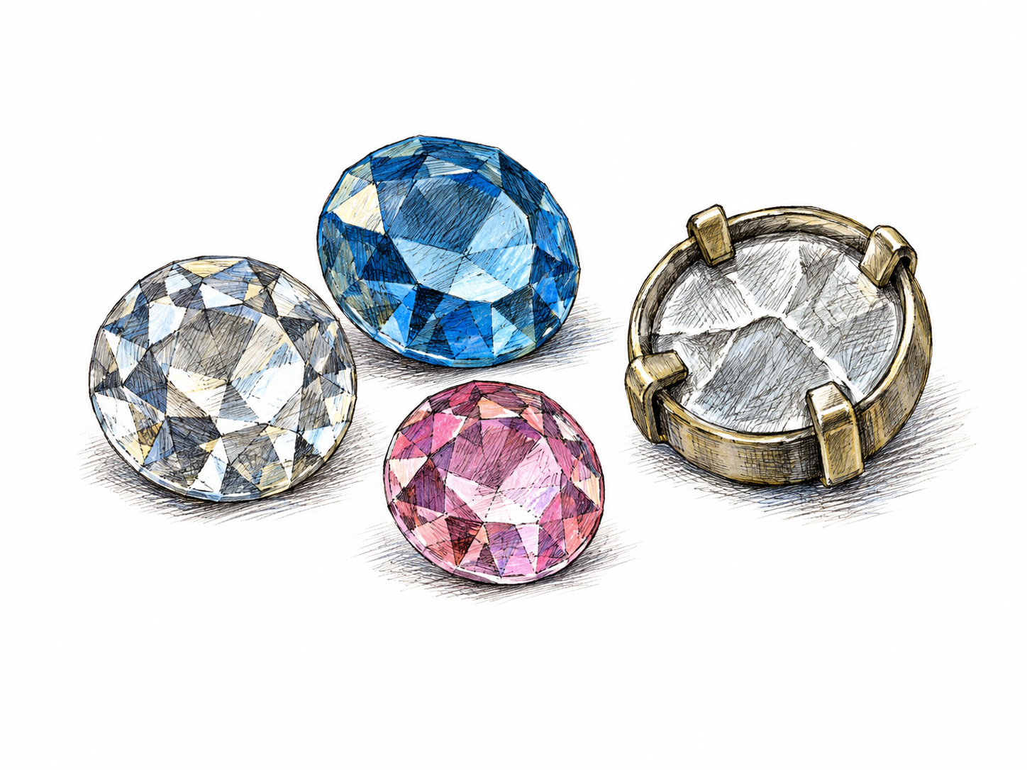 A few small faceted glass imitation gems lie beside the reverse of one foil-backed costume-jewelry setting; visible inexpensive glass stones and metal backing distinguish imitation jewelry, drawn highlights without sparkle symbols.