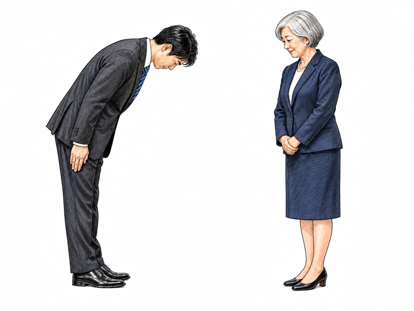 Younger adult bows deeply with hands at sides toward elder who acknowledges respectfully; simple contemporary setting, emphasis respectful bow, no caricature.