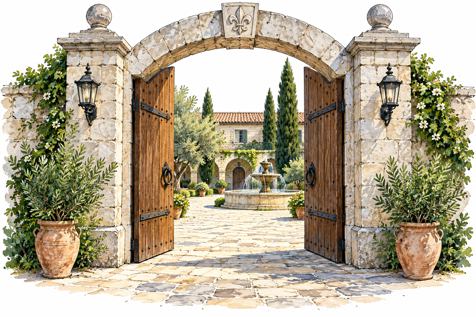 Grand stone arched portal with open doors and bright courtyard beyond, clear gateway.