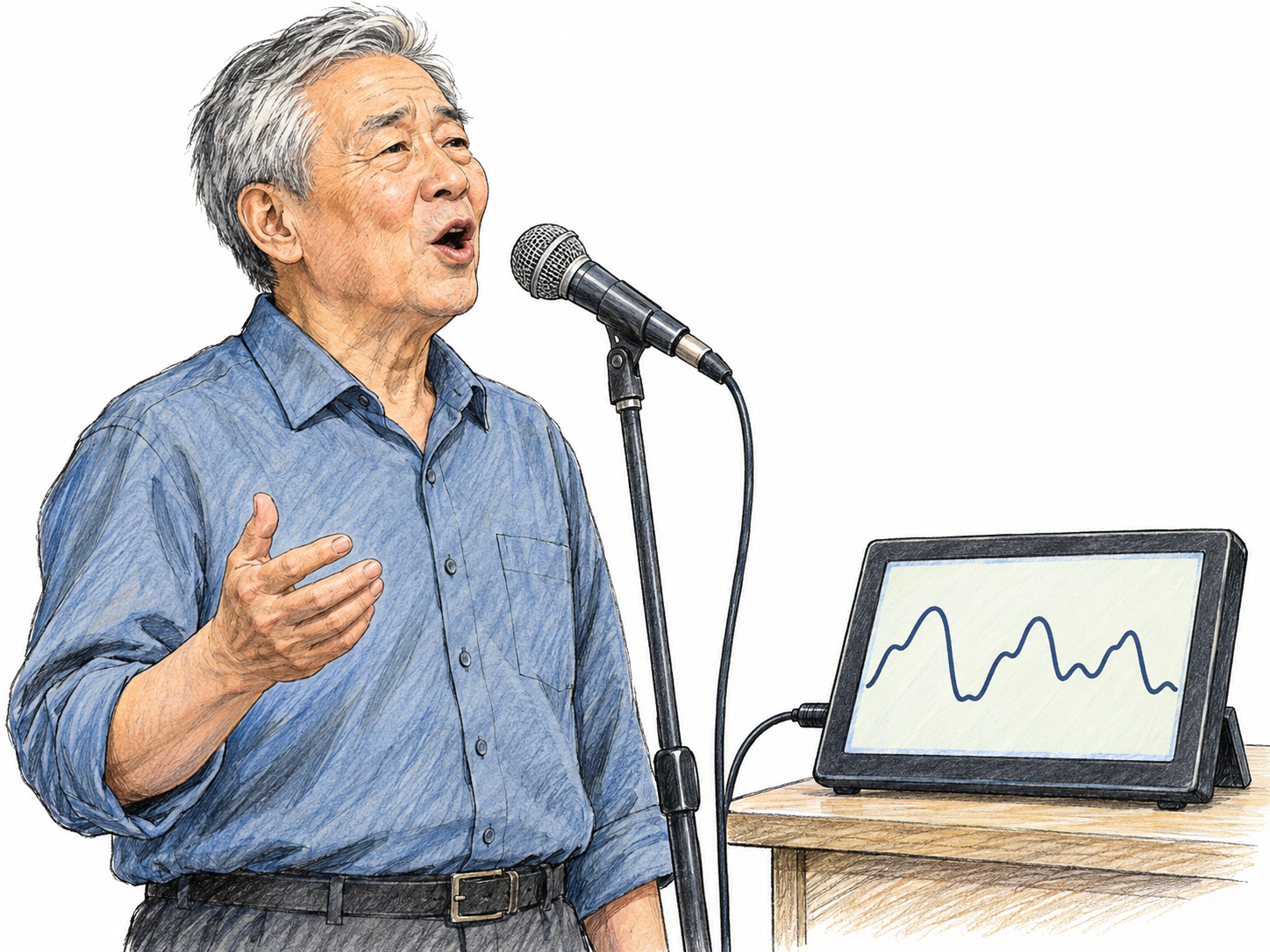 An older man sings into a microphone while a nearby live pitch display traces repeated rises and falls, making the wavering quality of his singing visible rather than relying on an open mouth alone.
