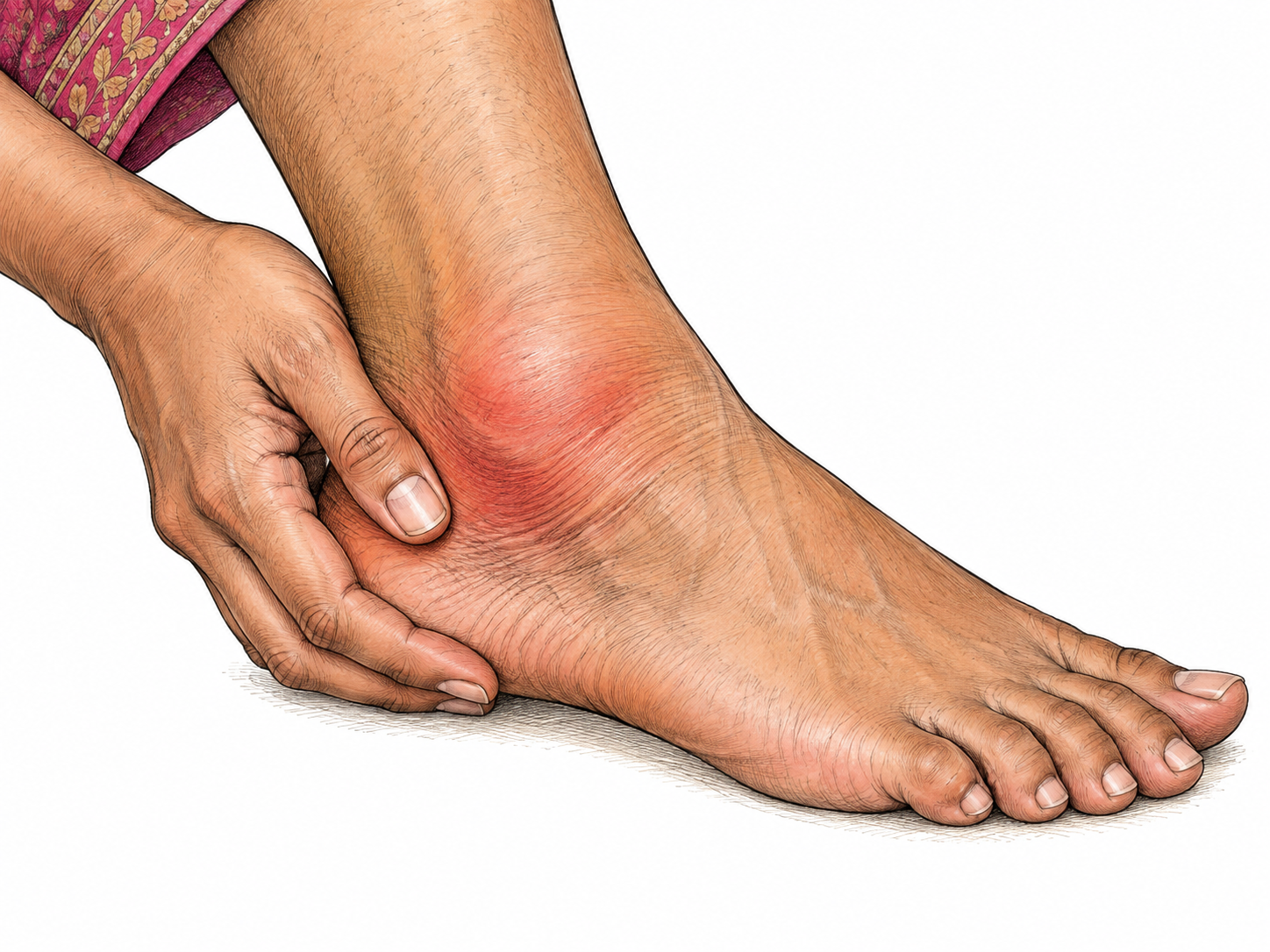 A close view of an adult ankle shows localized mild swelling and redness around the outer ankle; one hand gently supports the foot, suggesting tenderness, no wound or gore, no diagrams with labels.