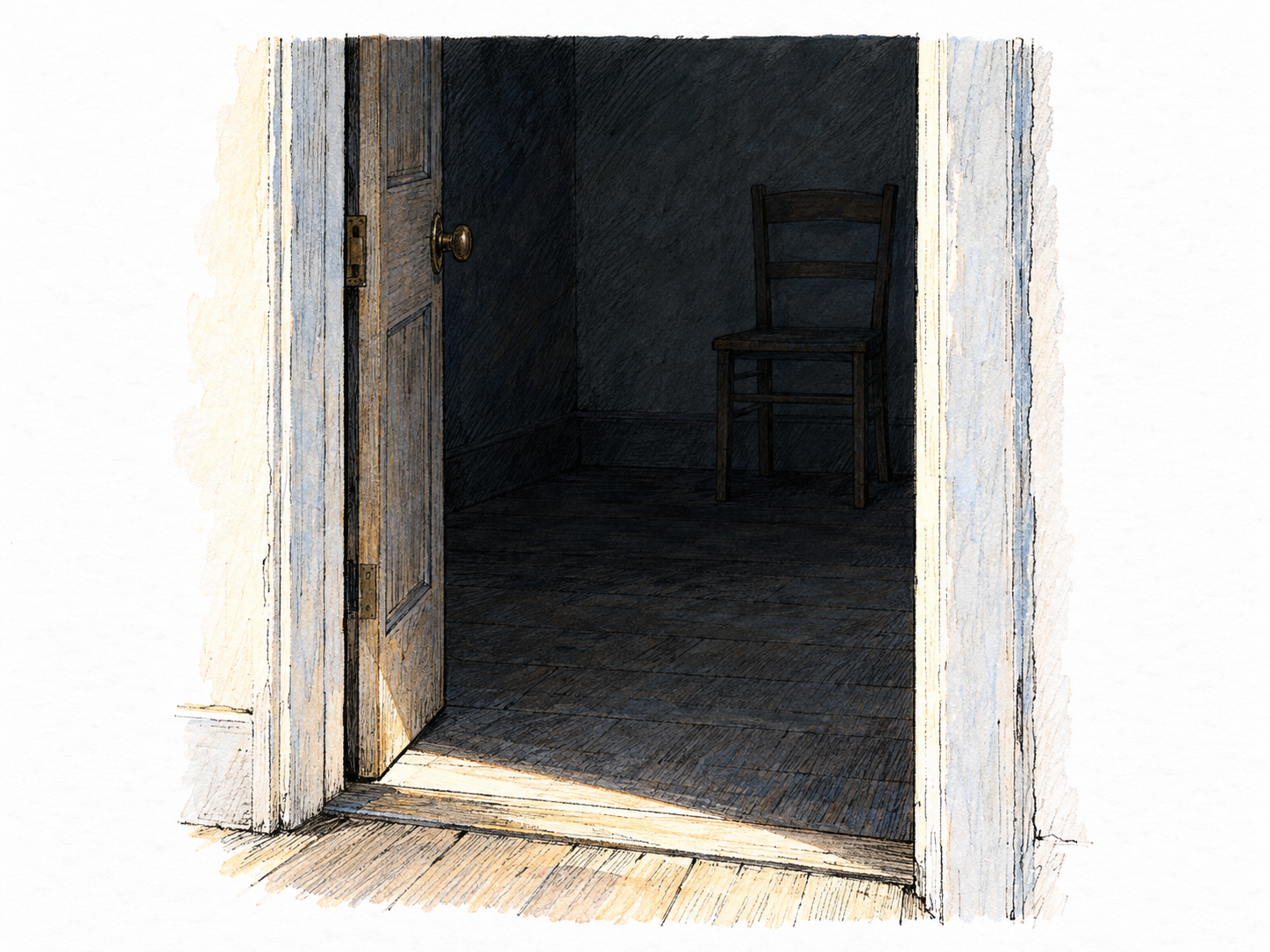 An open doorway reveals an unlit room: a narrow wedge of daylight reaches across the floor, while a chair farther inside is barely visible in deep shadow.