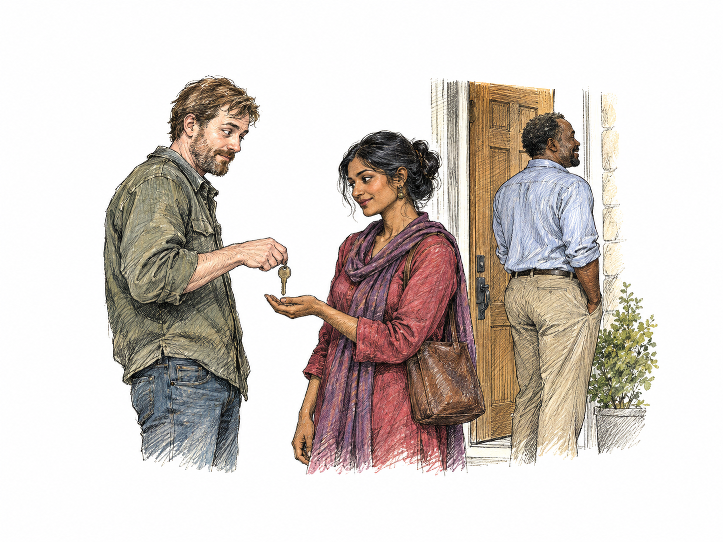 A trusted caretaker secretly gives the household key to a waiting outsider while the homeowner turns away in confidence, clear deliberate betrayal of entrusted access.