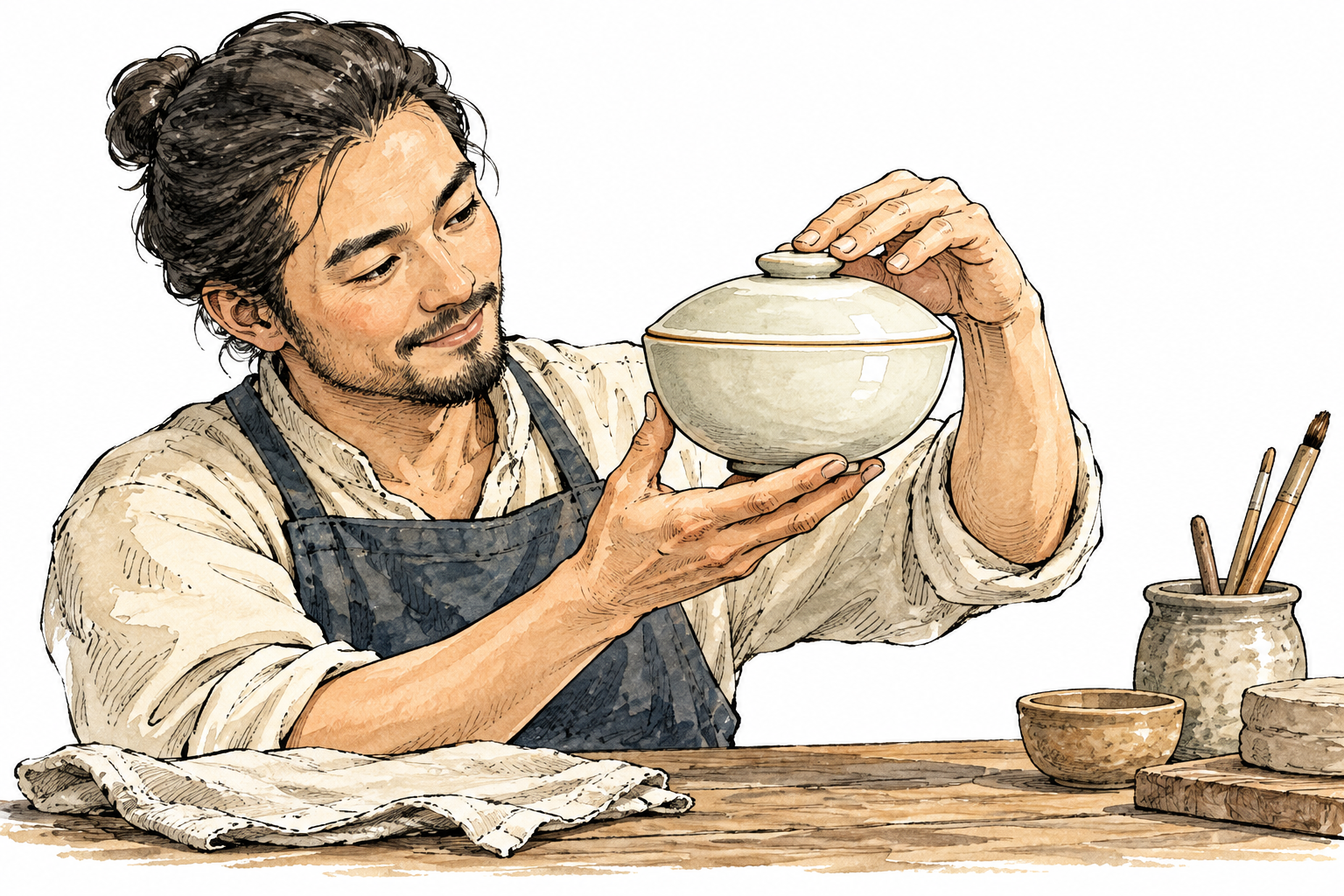 Flawless circular ceramic bowl with perfectly fitted lid checked by attentive craftsperson, complete and without chips, no text.