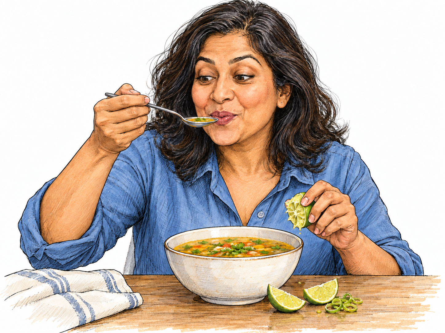 A woman tastes a spoonful of soup brightened with fresh lime, reacting with delighted, wide-eyed alertness; the squeezed lime and fresh citrus wedges make the sharp-flavor sense concrete.