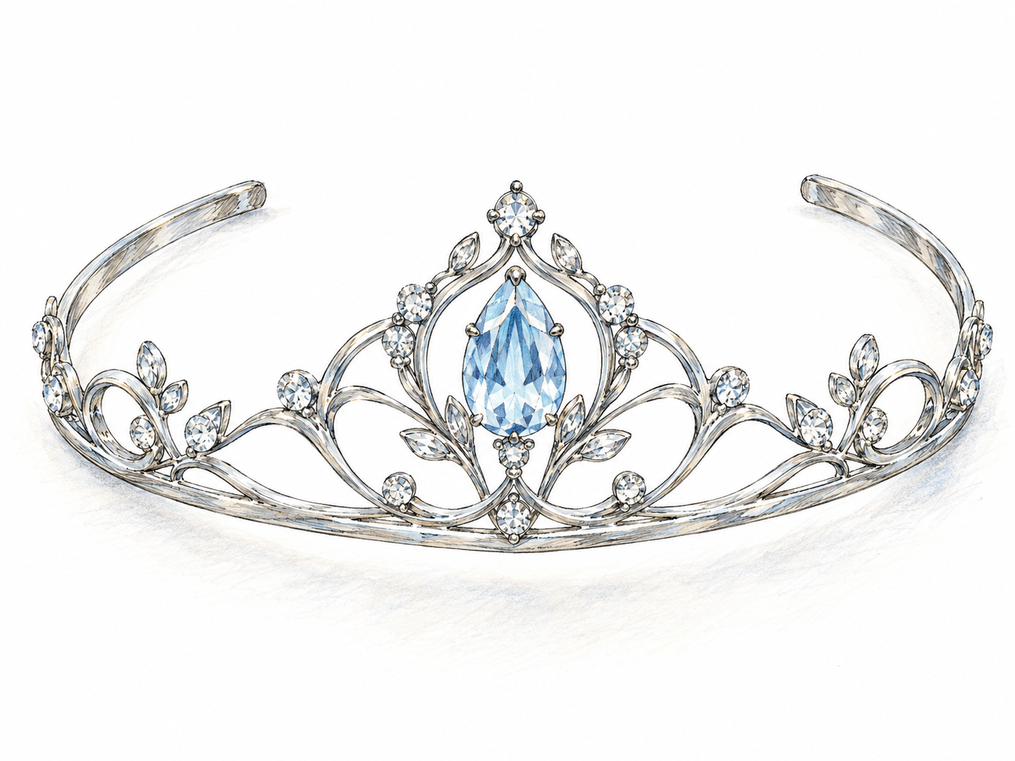 An isolated jeweled tiara shown at a three-quarter angle, with a low open-backed silver band and a delicate rising front of gemstone-set arches.